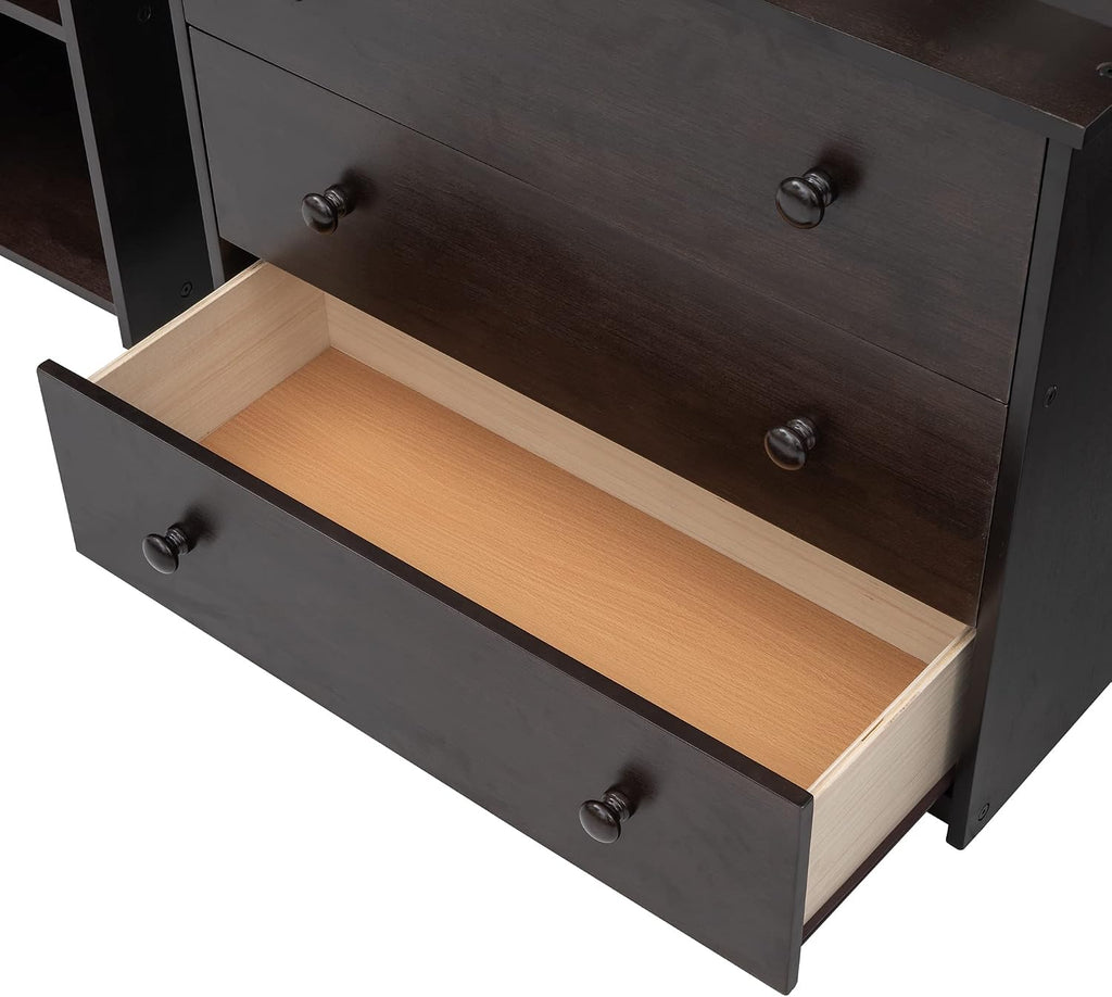 Twin Size Low Loft Bed with Rolling Portable Desk, Wooden Loft Bed with Cabinet/Bookshelf/Drawers/Open Shelves for Kids Teens Adults, No Box Spring Required (Espresso-Twin-Rolling Portable Desk)