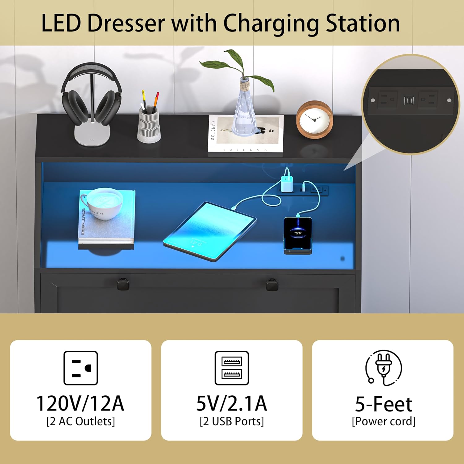 Wodeer Black Dresser Tall 5 Drawer Dresser for Bedroom, Wood Chest of Drawers with LED Lights, Charging Station, Metal Handles, Modern Storage Cabinet and Organizer Drawers for Living Room, Hallway