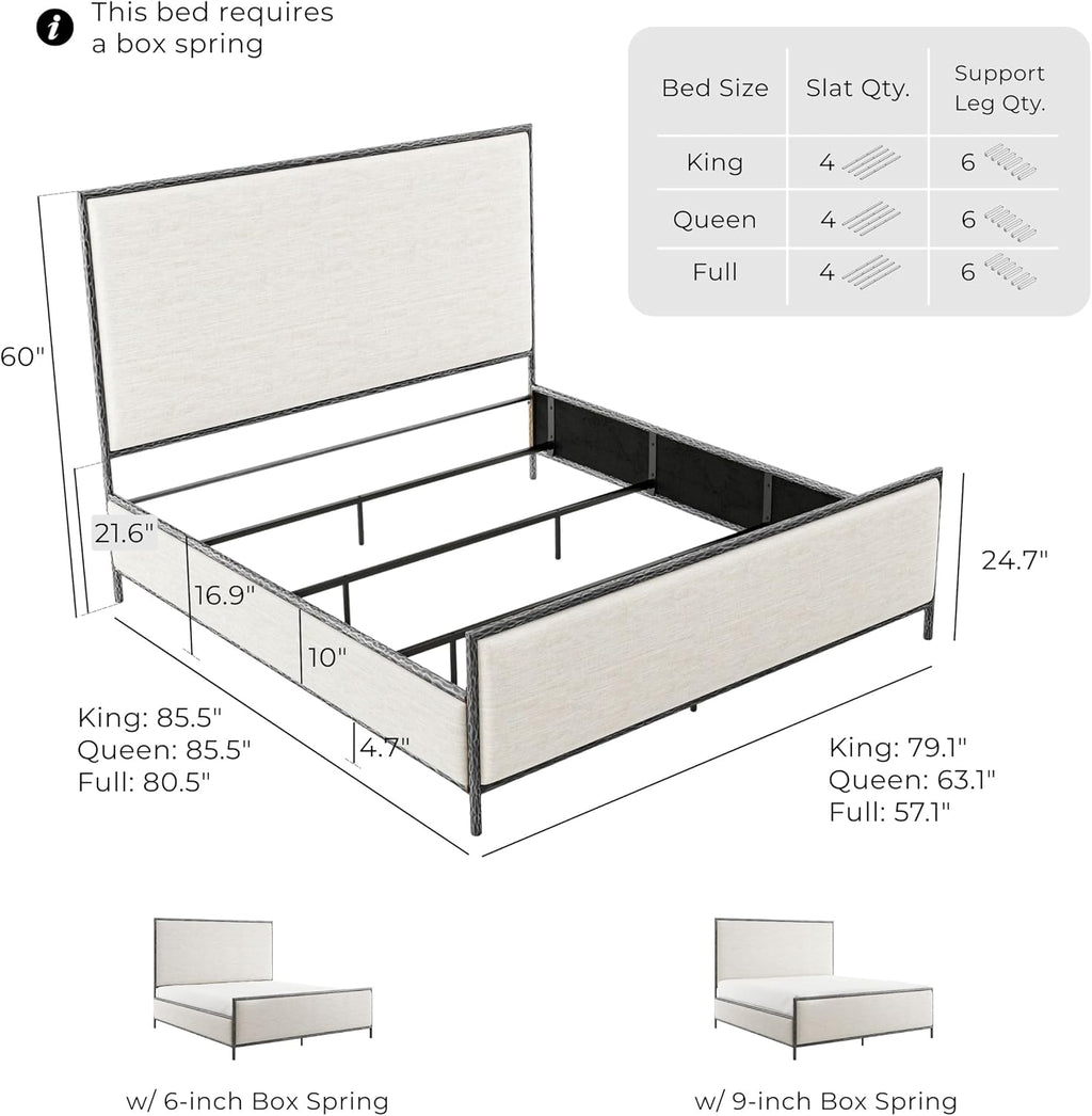 24/7 Shop at Home Lalia Hammered Metal 3-Piece Bedroom Collection, Upholstered Bed Frame with Beige Fabric Headboard, Forged Steel, Bench and 1-Shelf Nightstand, Foundation Required, Full, Matte Grey
