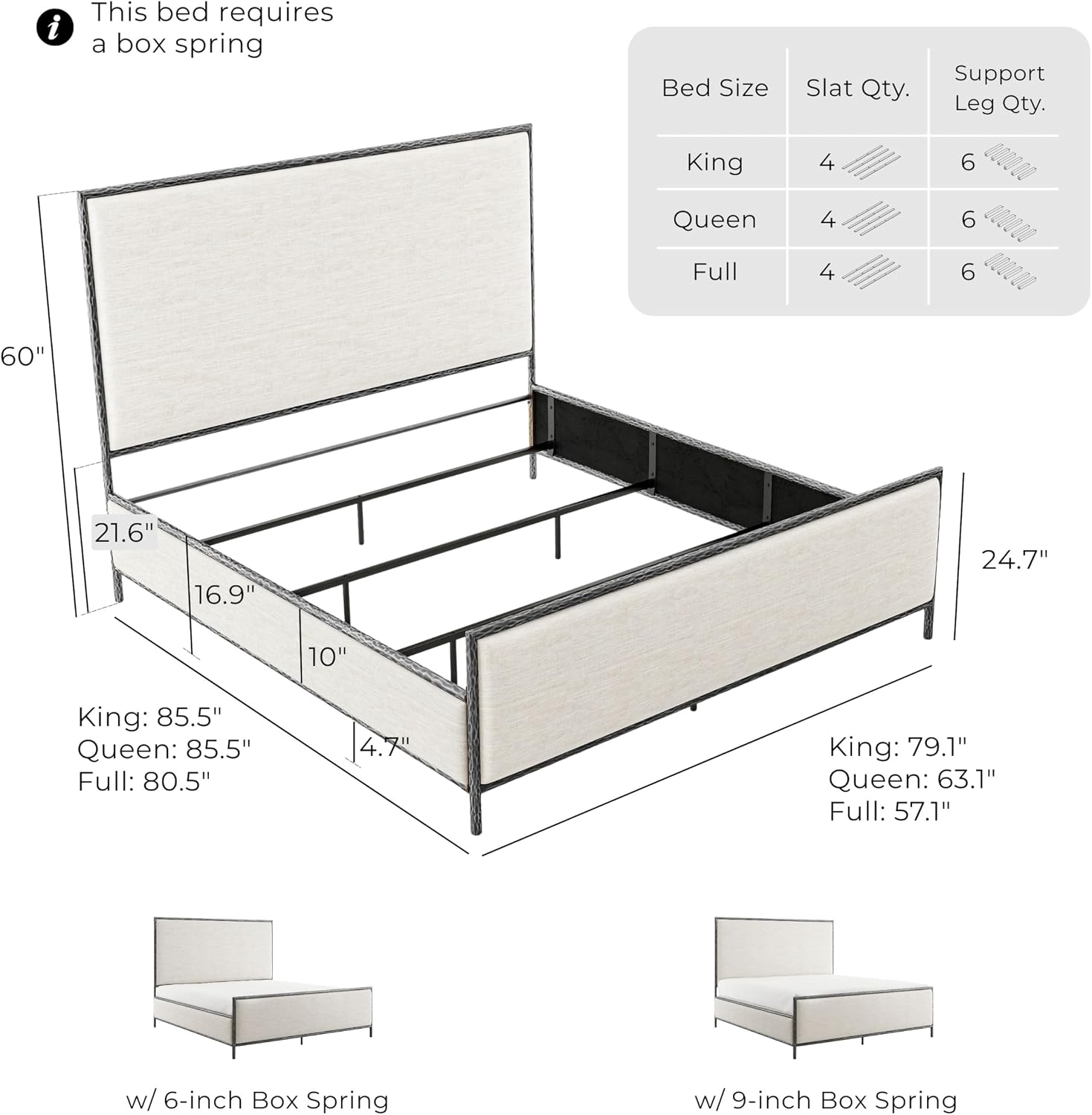 24/7 Shop at Home Lalia Hammered Metal 4-Piece Bedroom Collection, Upholstered Bed Frame with Beige Fabric Headboard, Bench and 1-Shelf Nightstands, Foundation Required, Full, Matte Grey