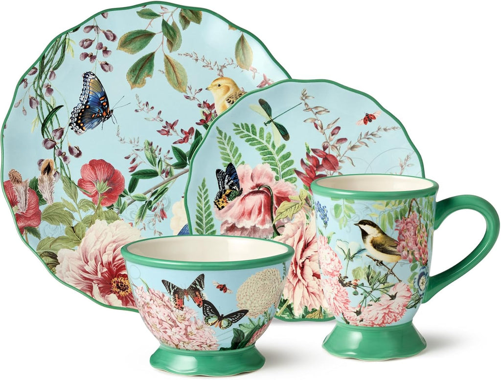 Flora 16-Piece Dinnerware Set, Service for 4 – Includes Dinner Plates, Dessert Plates, Pedestal Mugs, and Pedestal Ice Cream Bowls with Vibrant Nature-Inspired Floral Designs