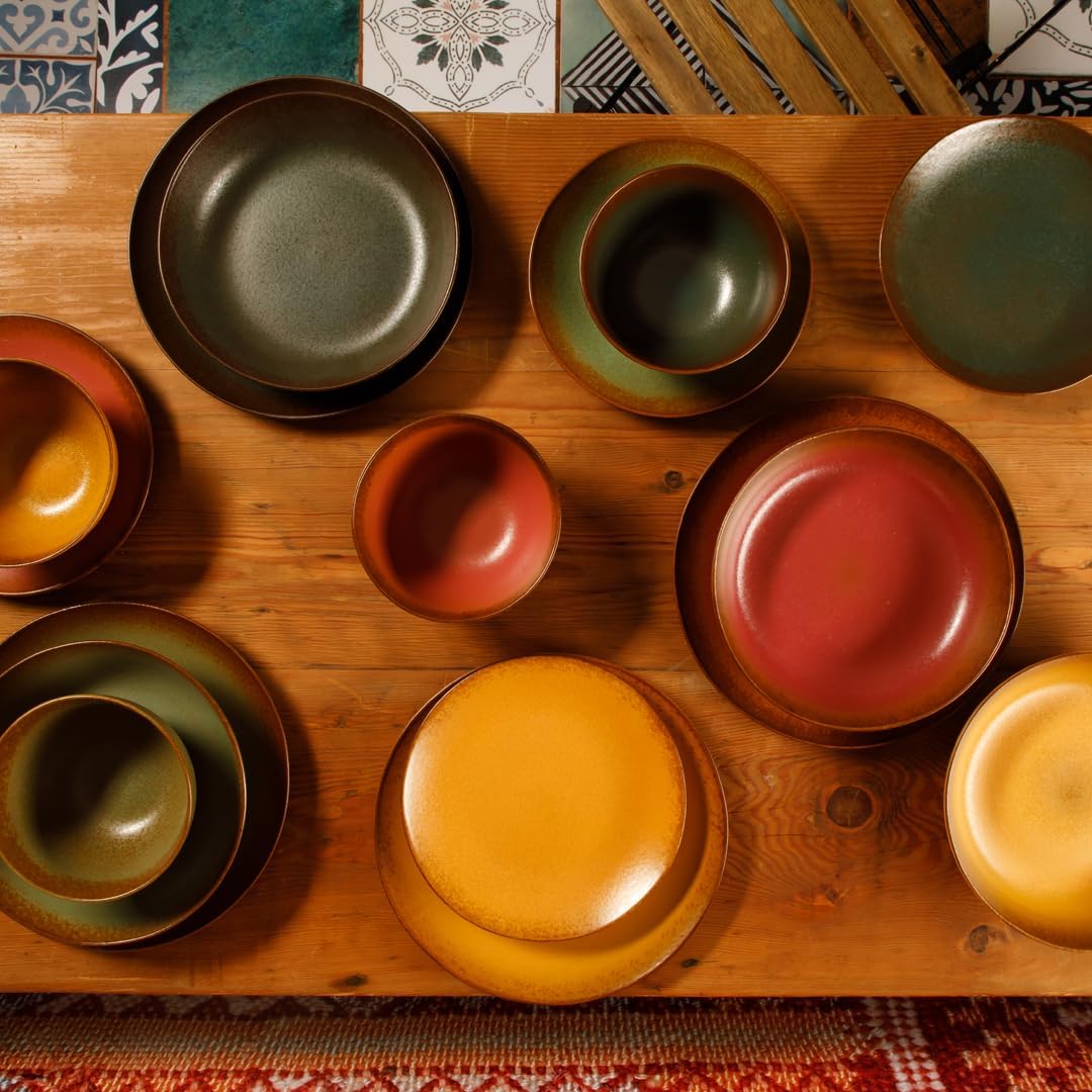 Bloomhouse - Two Time Oprah's Favorite Things Winner - Palermo Sun Double Bowl Stoneware Reactive Glaze Plates and Bowls Dinnerware Set - Cardamom Green, Service for Four (16pcs)