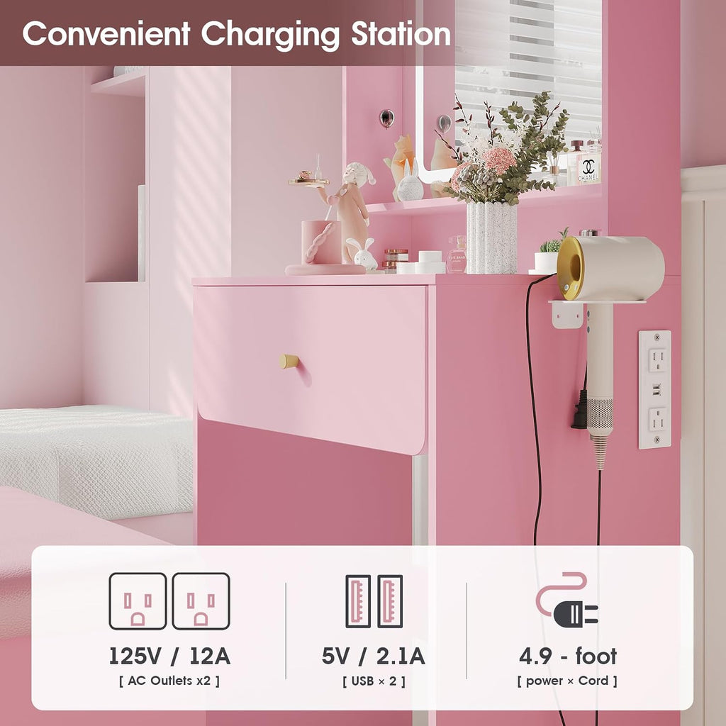 Vabches Small Vanity Desk Set with 3 Adjustable Lighted Mirror and Storage Chair, Vanity Set with Charger Station, Small Spaces Vanity Table for Bedroom，Pink
