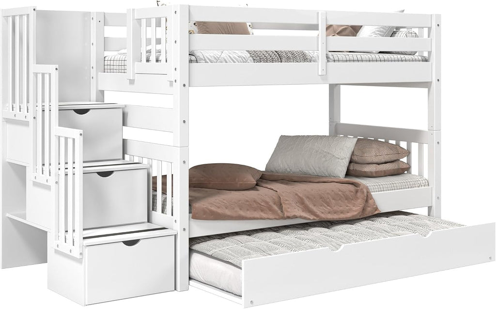 Bedz King Stairway Bunk Beds Twin Over Twin, 3 Step Drawers and a Twin Trundle, White