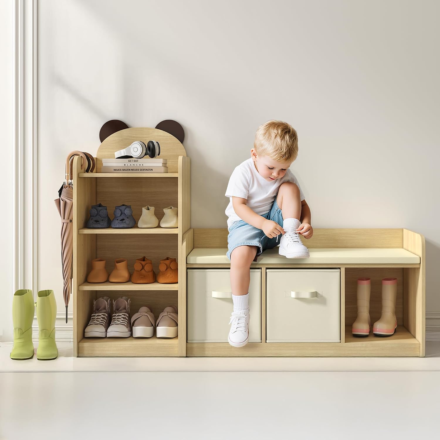 Reading Nook for Kids Bookshelf Bench and Toy Storage with Adjustable Shelves and Seat Cushion Toddler Book Shelf for Bed Room,Nursery Kids Reading Nook
