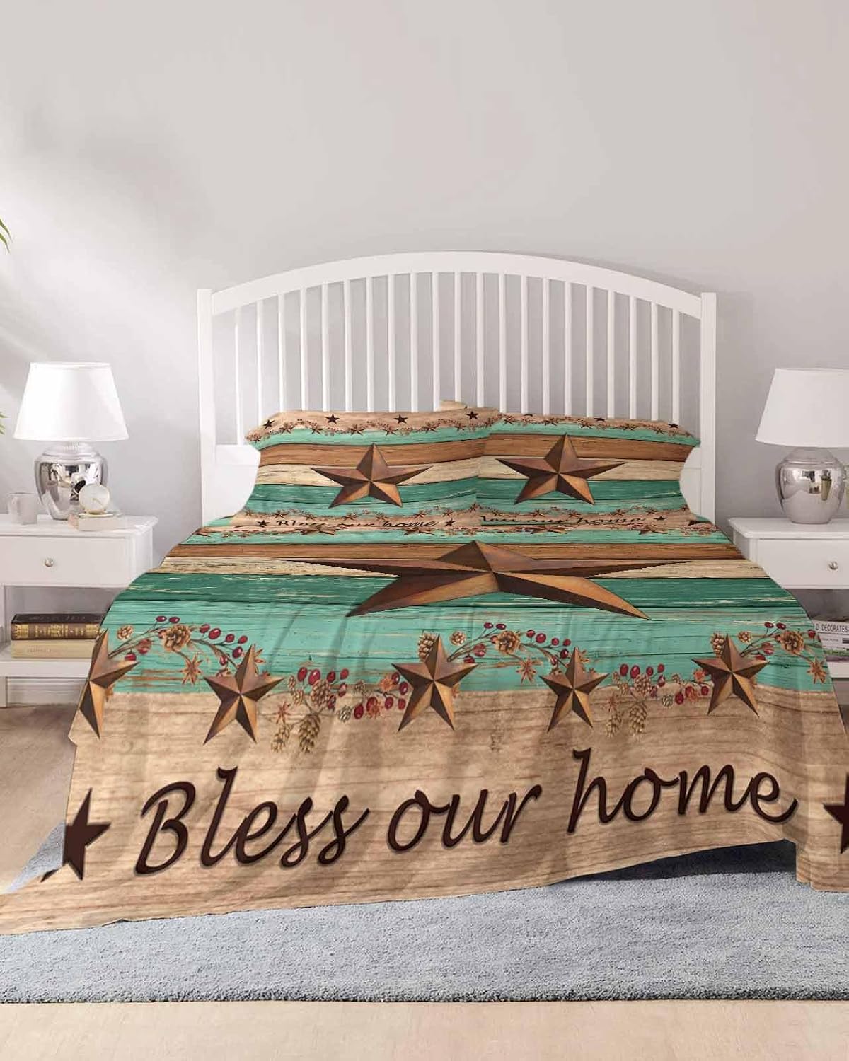 Western Texas Star Retro Cal King Sheet Set 4 Piece Bedding - Vintage Farmhouse Brown Teal Wooden Breathable Comfy Cooling Bed Sheets & Pillowcase Sets, Hotel Flat Sheets Deep Pockets Fitted Sheet