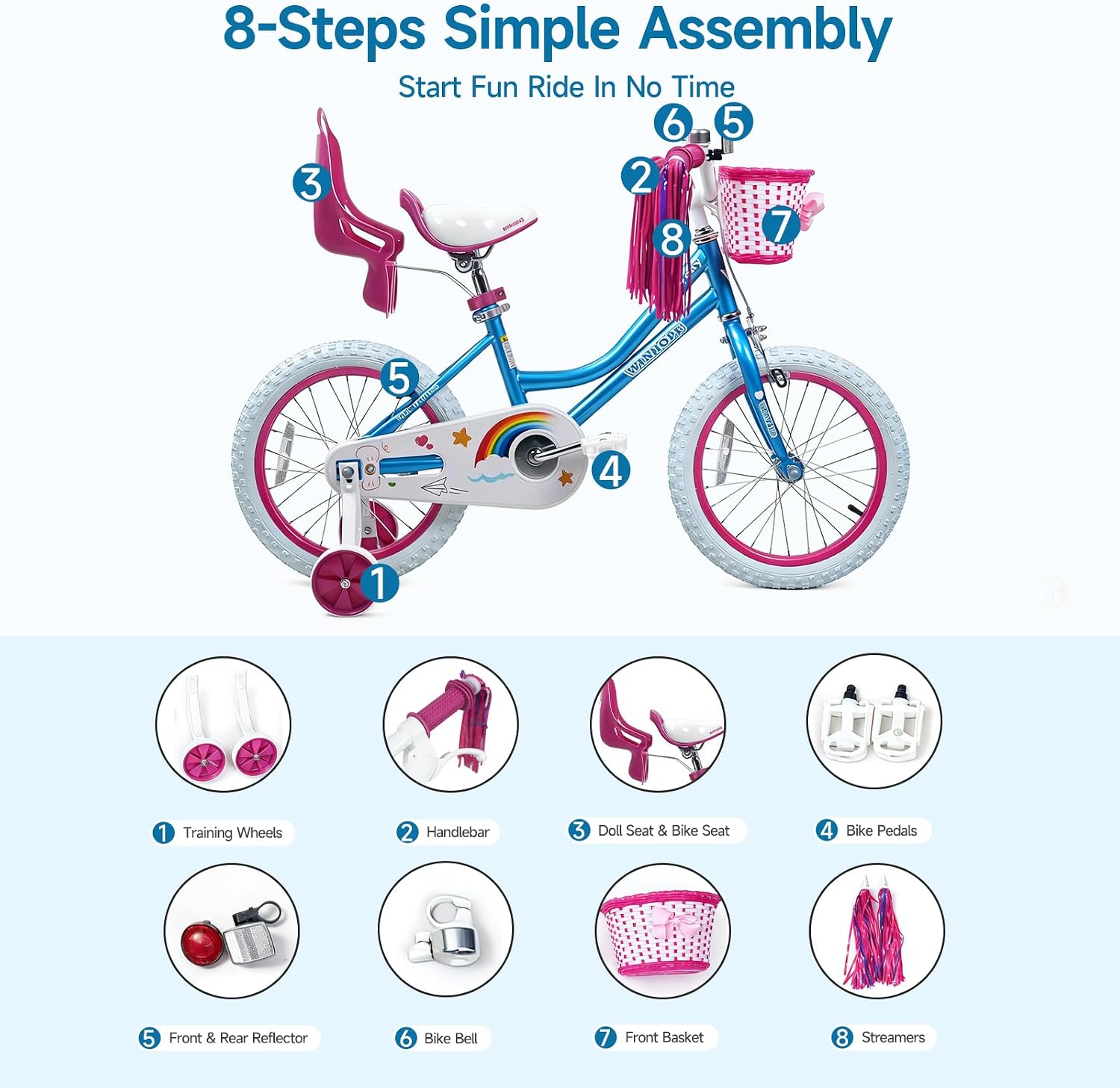 WinHope Girls Bike with Doll Seat, 12 14 16 18 20 Inch Kids Bike for 2-12 | Dual Brake with Training Wheels / Kickstand & Streamers Birthday Gift for Toddler Outdoor Riding, Multiple Colors