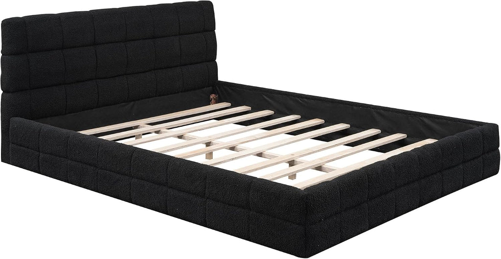 Queen Size Upholstered Platform Bed, Velvet headboard,Wood Slat Support, No Box Spring Needed,Easy Assembly,Bedroom Set (A+Black)
