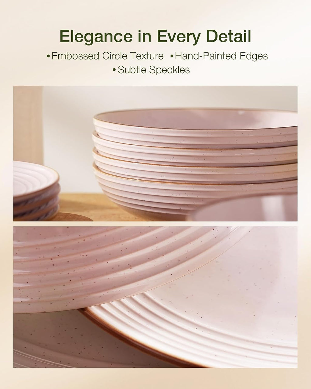 Famiware Jupiter 16-Piece Stoneware Dinnerware Set for 4 - Includes Pasta Bowl & Dinner Plate, Handcrafted Dishes with Speckles & Embossed Swirls, Chip & Scratch Resistant, Daily & Formal Use, Pink