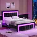 Queen Size Bed Frame with LED Lights and Velvet Upholstered Adjustable Headboard, Bed Frame Queen Size with Diamond Headboard & Footboard, Wooden Slats Support, Noise Free, No Box Spring Needed, Black