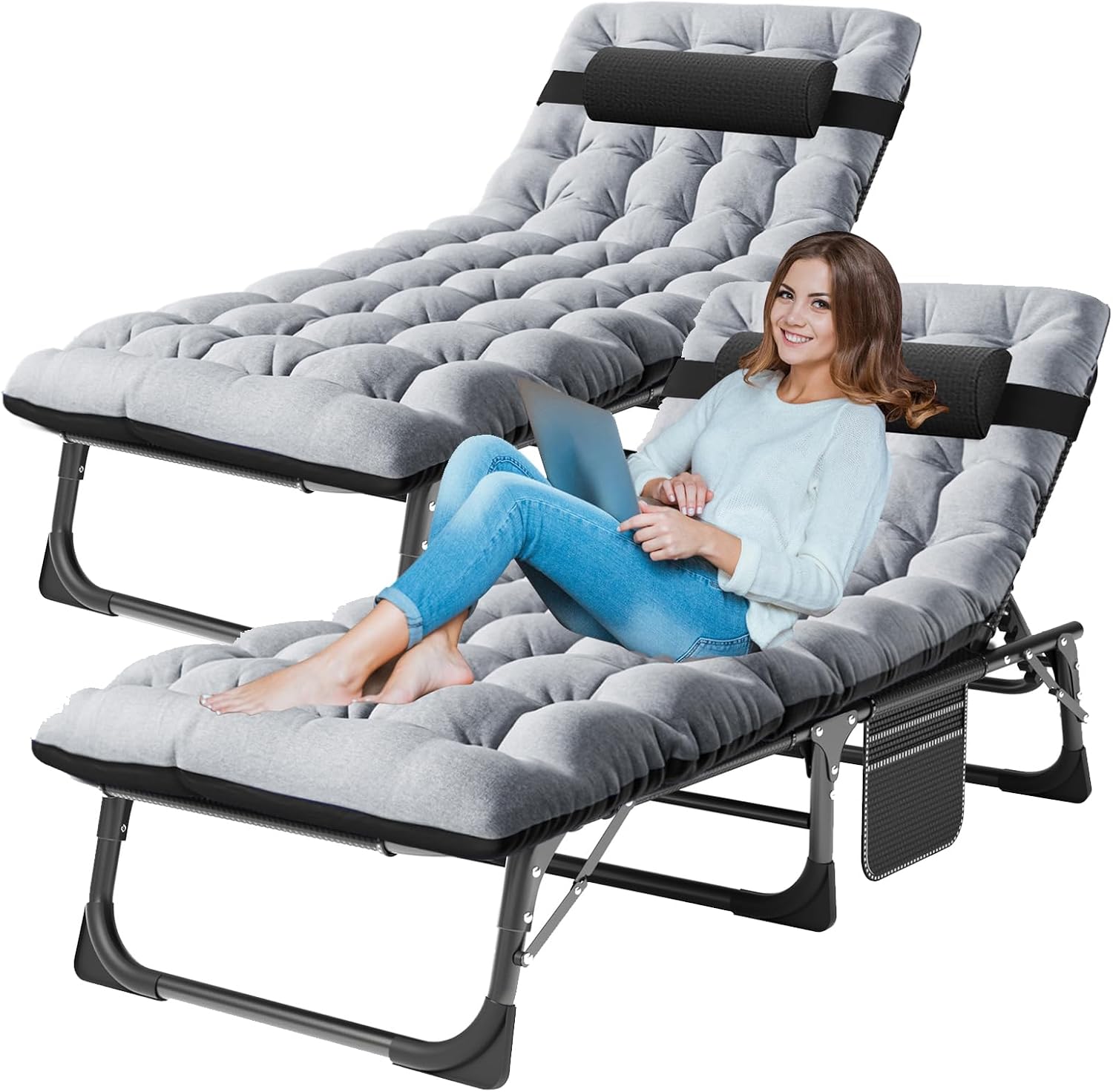 LILYPELLE Folding Outside Chaise Lounge Chair with Mattress, 5 Position Adjustable Patio Folding Lounge Chair Reclining Chairs Perfect for Sunbathing, Camping, Pool, Beach, Patio