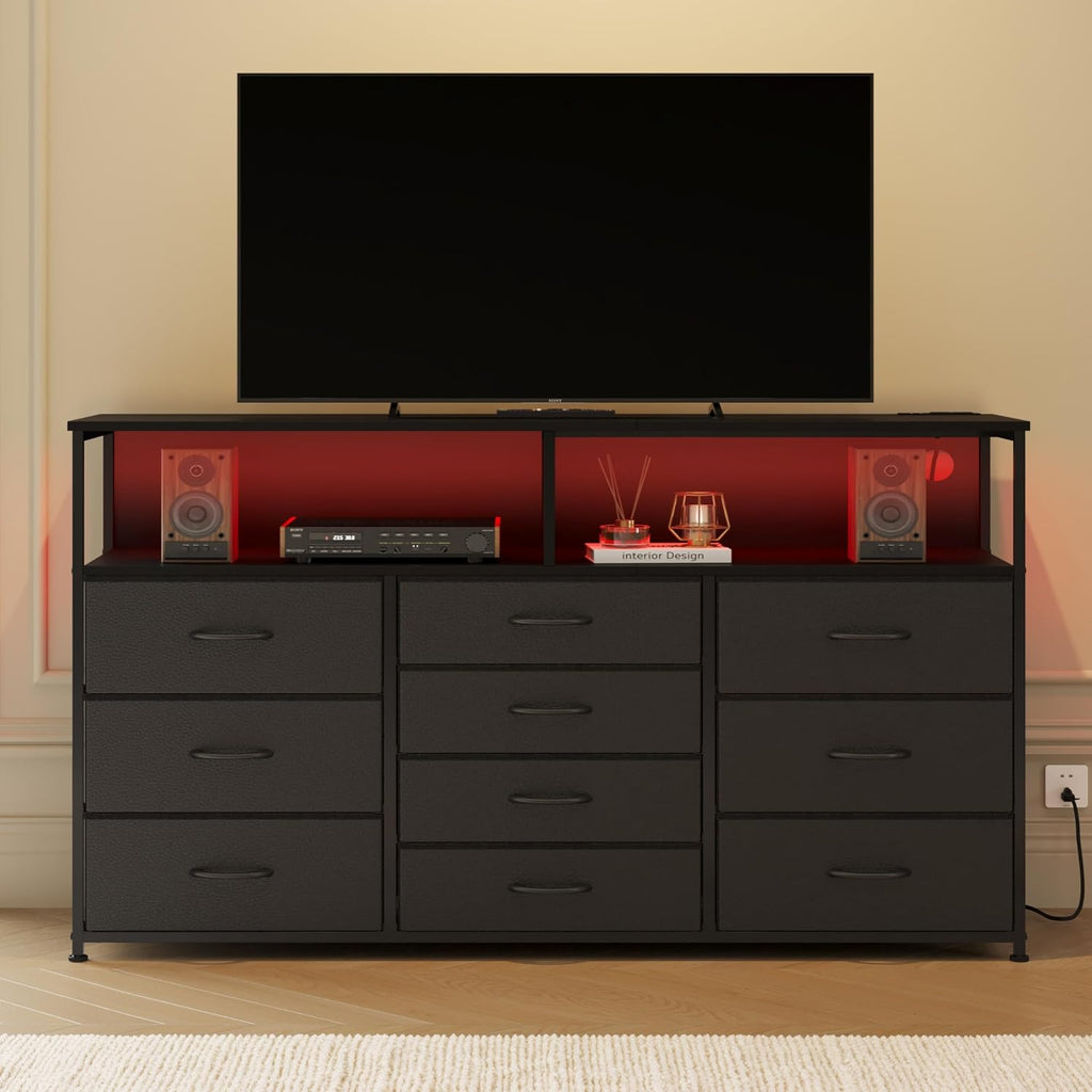 Unionly 55W 10-Drawers Dresser with 2 Open Storage Shelves, TV Stand Dresser for 55,65 inch TV，with Power Outlets and LED Lights, Fabric Dressers Drawers for Bedroom, Living Room (Black)