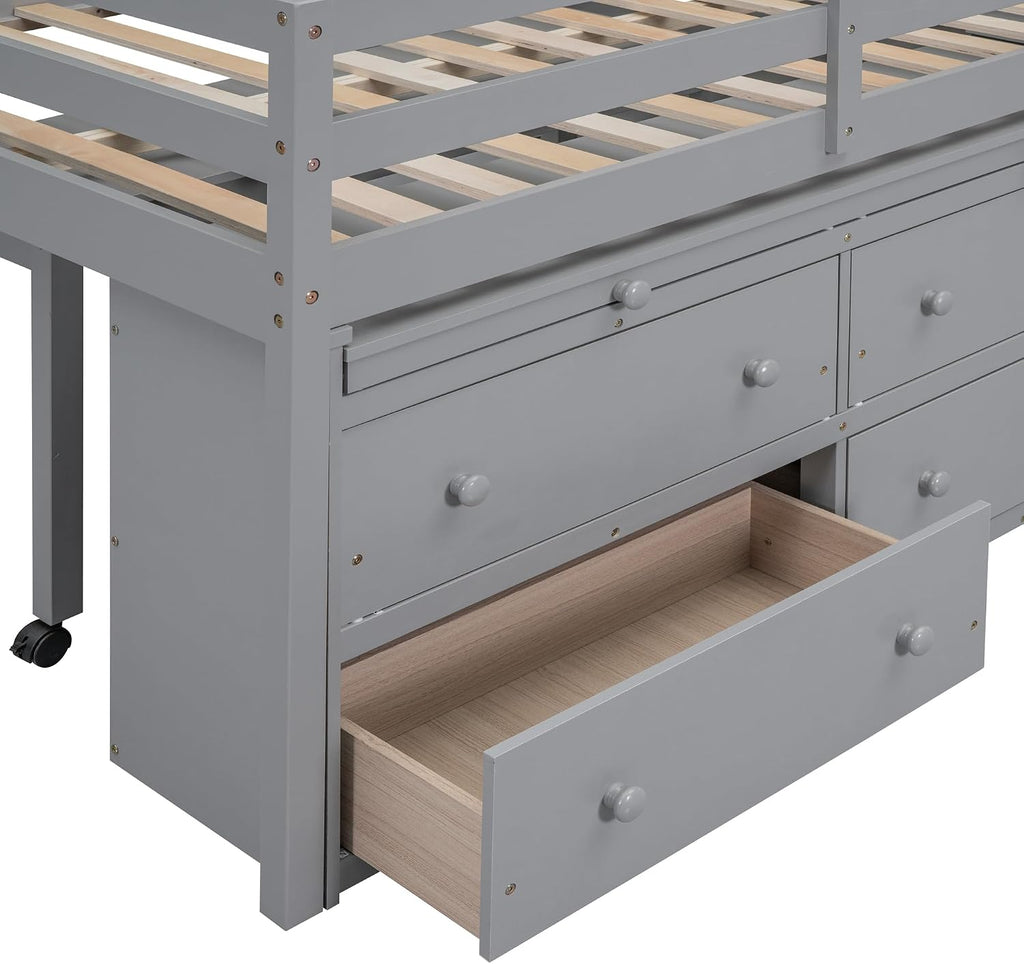 JIVOIT Full Size Low Loft Bed with Retractable Writing Desk, Storage Bed with 4 Drawers and Shelves, Wooden Loft Bed with Lateral Portable Desk for Kids Teens Adults Bedroom (Gray,Full,9)