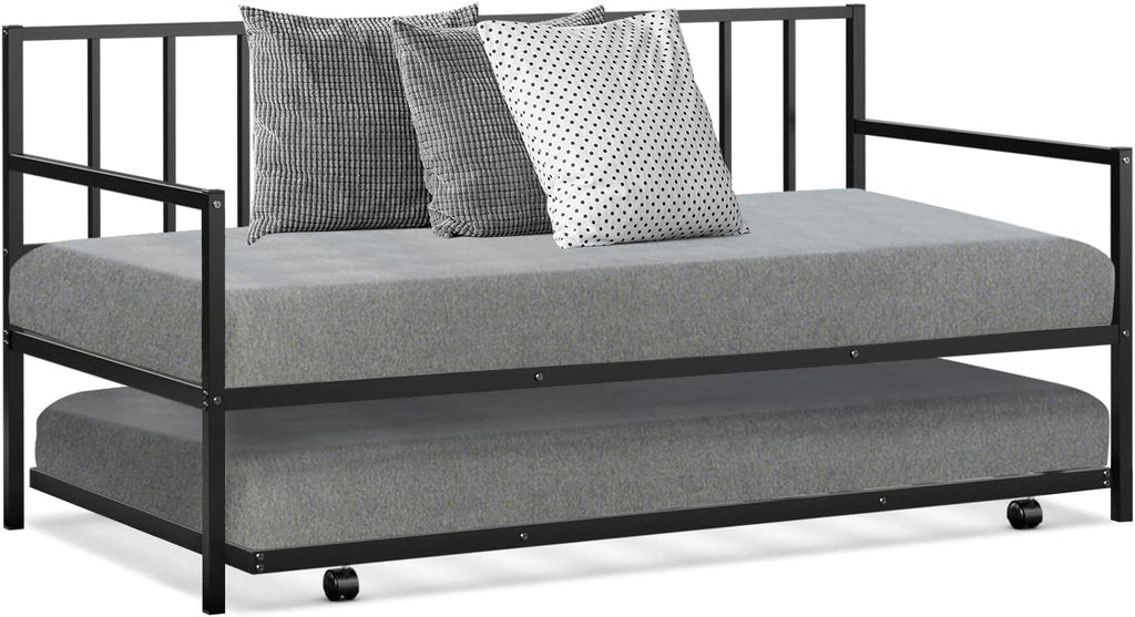 COSTWAY Twin Size Daybed and Trundle, Metal Frame Daybed and Roll Out Trundle w/Steel Slat Support & 4 Lockable Casters, Heavy-Duty Daybed for Guest Room, Bedroom (Black)