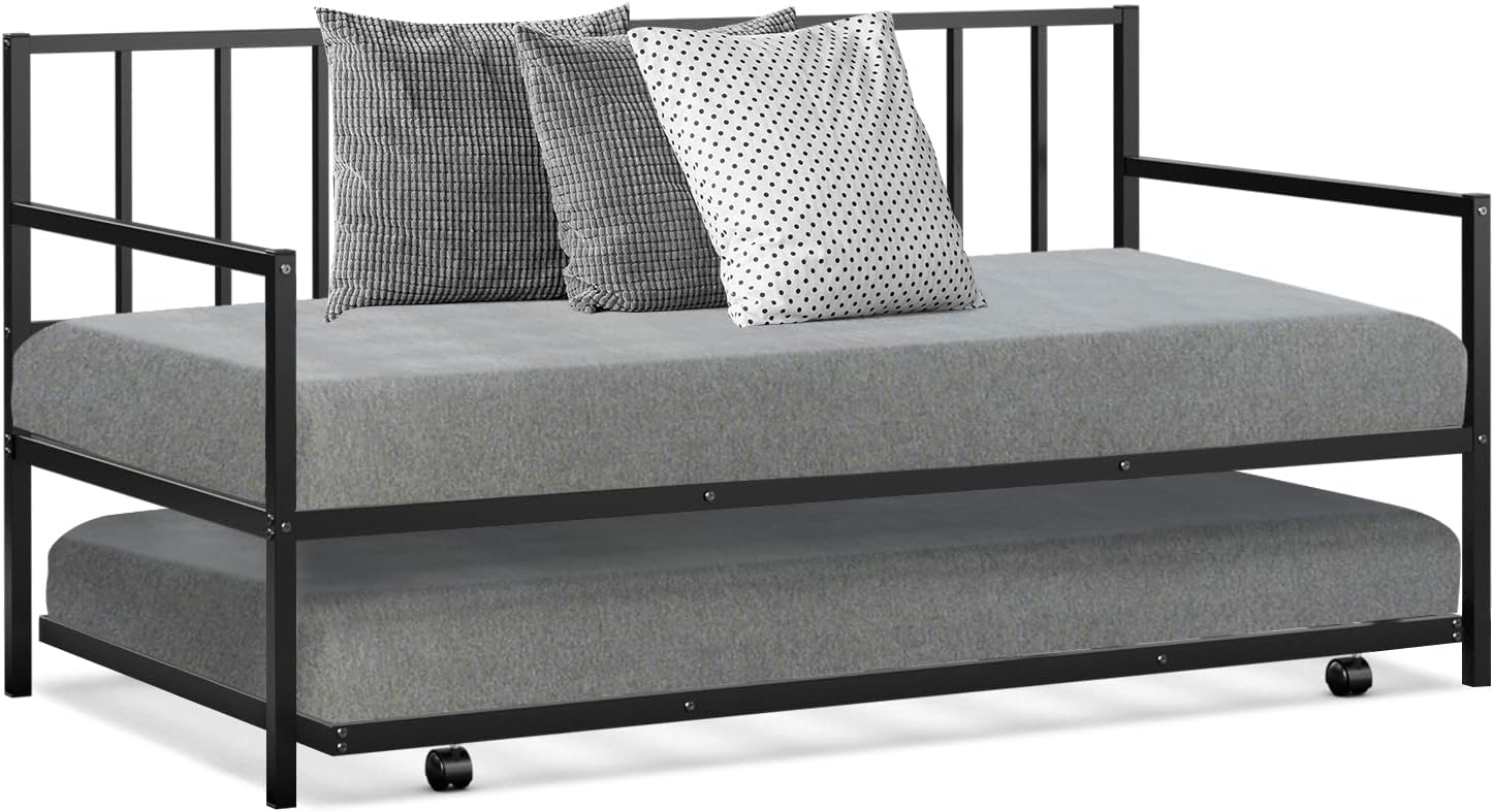 COSTWAY Twin Size Daybed and Trundle, Metal Frame Daybed and Roll Out Trundle w/Steel Slat Support & 4 Lockable Casters, Heavy-Duty Daybed for Guest Room, Bedroom (Black)