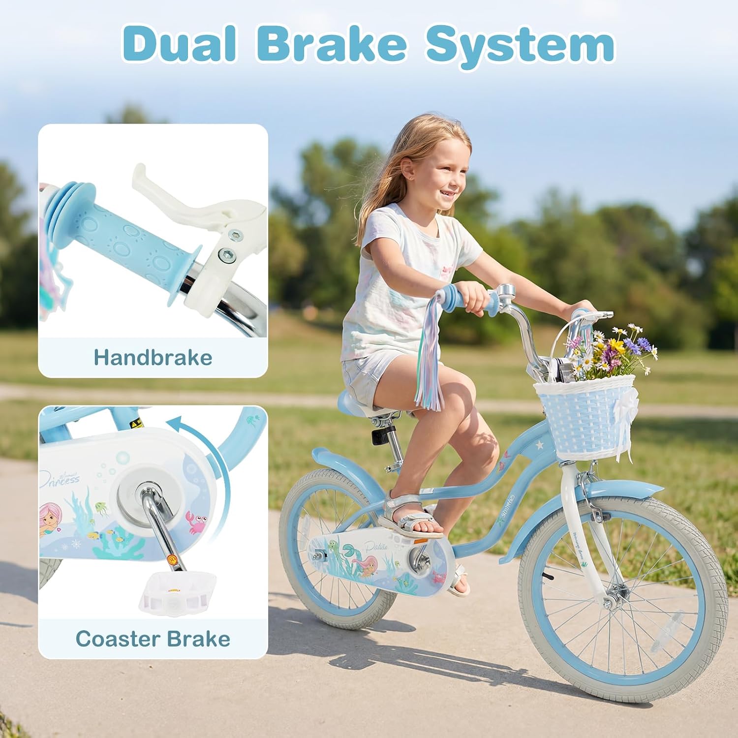 Olakids Kids Bike, 12 14 16 18 20 Inch Mermaid Theme Girls Bicycle with Training Wheels Basket Adjustable Seat and Handlebar Dual Brake