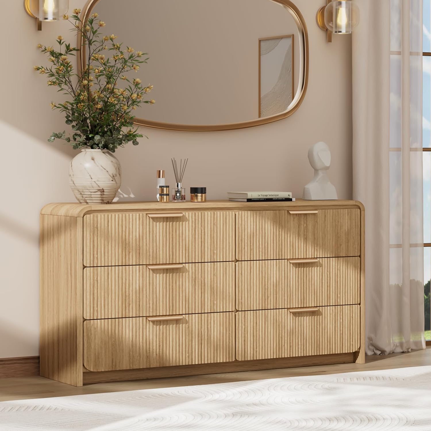 Fluted 6 Drawer Dresser, 47' Wide Wooden Storage Chest with Rounded Curved Corners and Gold Handles, Natural Oak Wood Dresser for Bedroom, Living Room, Hallway