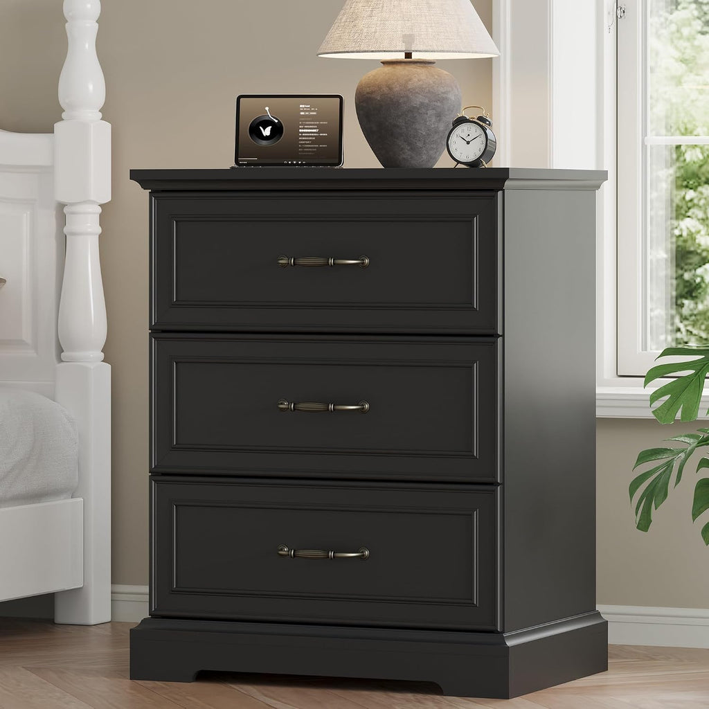 Farmhouse 3 Drawers Dresser for Bedroom, 24' Wide Modern Chest of Drawers with Deep Drawers & Bar Handles, Rustic Wood Nightstand, Wooden Closet Storage Organizer for Living Room, Hallway, Black