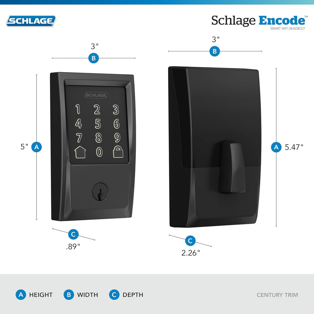 Schlage Encode Smart WiFi Deadbolt Lock with Greenwich Trim, Matte Black | Keyless entry door lock, Touchscreen keypad, App control, Alexa, Google Home, Ring & Airbnb compatible, Certified security
