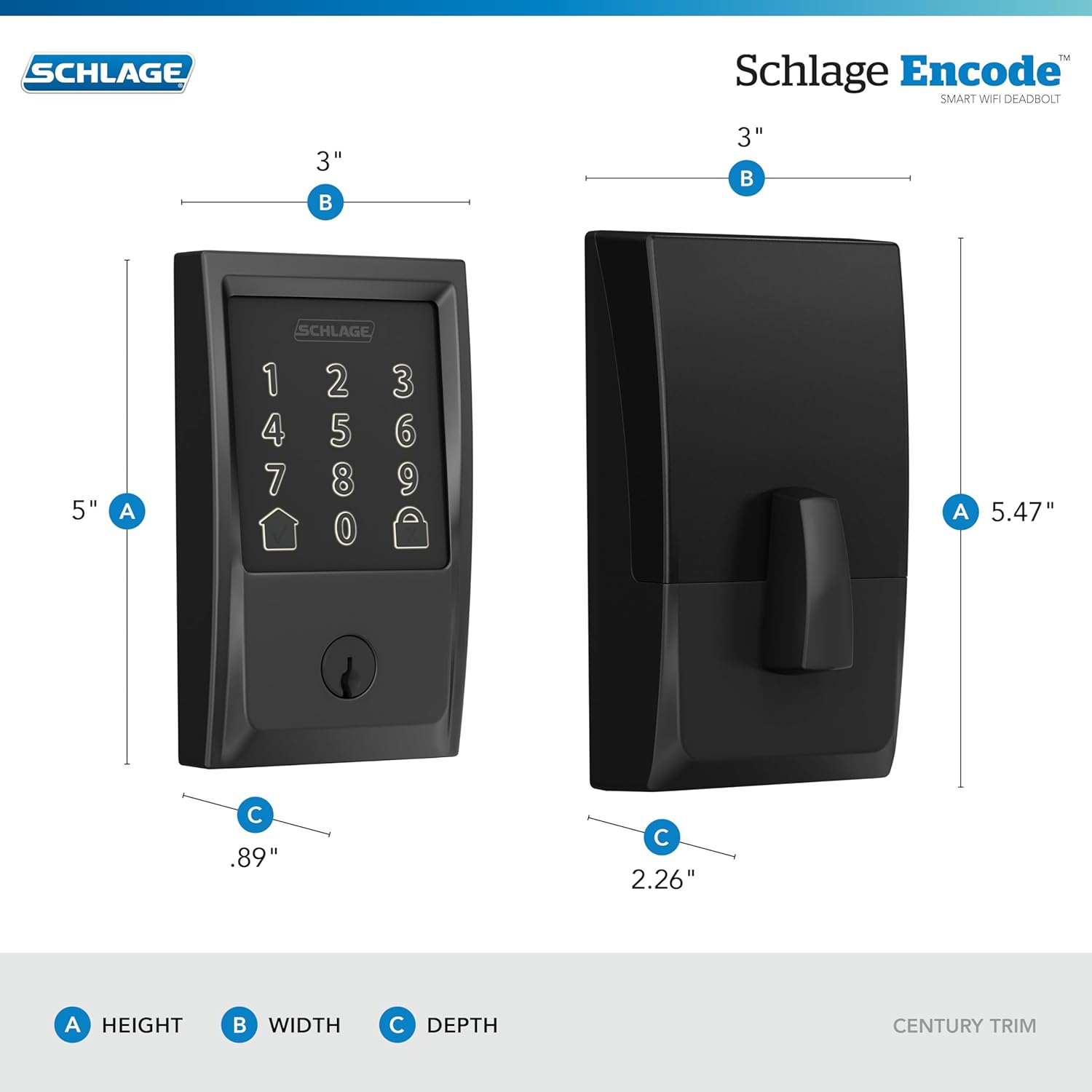 Schlage Encode Smart WiFi Deadbolt Lock with Greenwich Trim, Matte Black | Keyless entry door lock, Touchscreen keypad, App control, Alexa, Google Home, Ring & Airbnb compatible, Certified security