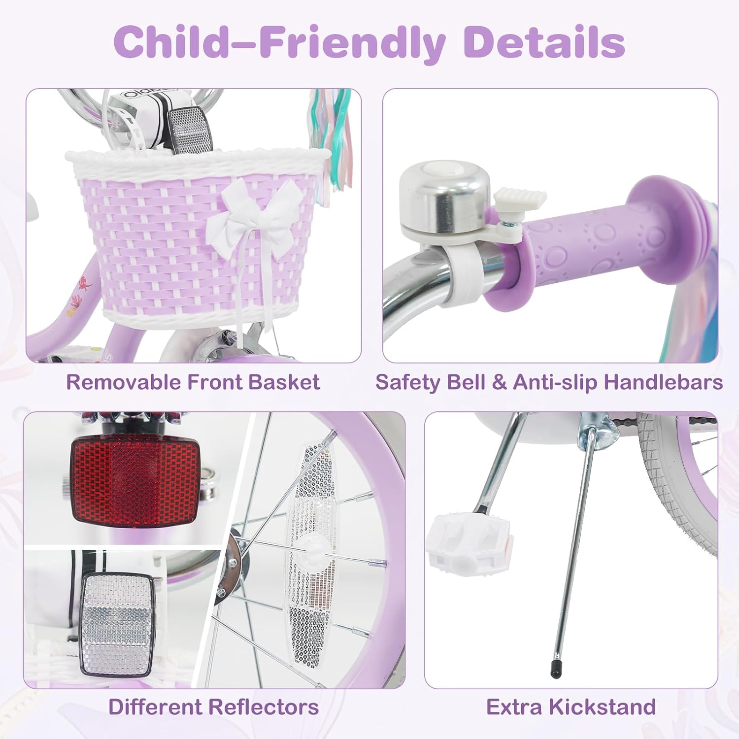 Olakids Kids Bike, 12 14 16 18 20 Inch Mermaid Theme Girls Bicycle with Training Wheels Basket Adjustable Seat and Handlebar Dual Brake