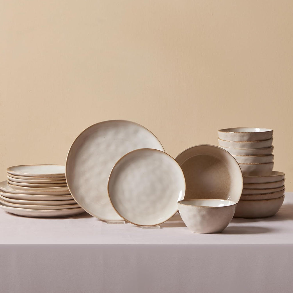 Karaca Aria Reactive Stoneware Plates & Bowls Sets - Ceramic Dinnerware Sets for 6, 24 Piece Microwave Safe Dish Set incl. Dinner Plate Set with Pasta Bowls, Side Plates and Cereal Bowl - Beige