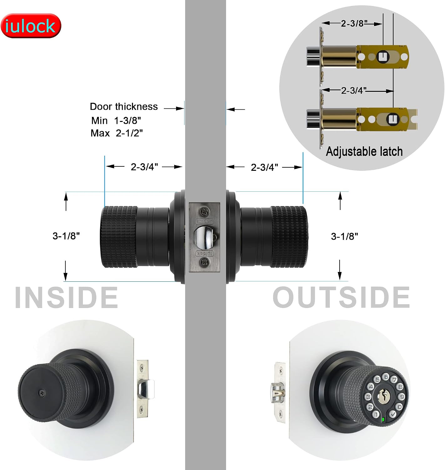 iulock Smart Door Knob with Keypad and Key,Keyless Entry Door Lock with Rubber Grip, Auto Lock,50 User Code,Waterproof, Easy to Install and Program for Bedroom (Matte Black Same Key 4 Pack)