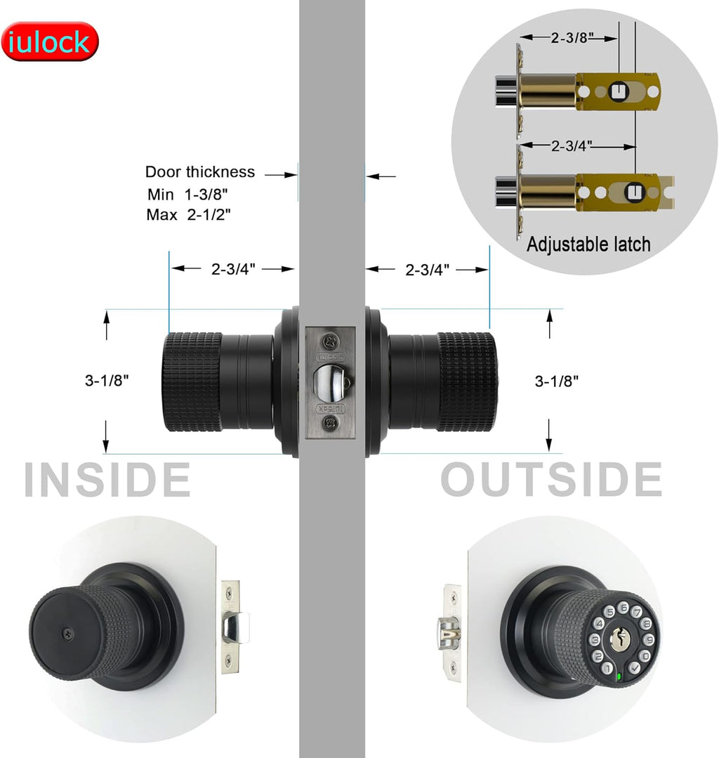 iulock Smart Door Knob with Keypad and Key,Keyless Entry Door Lock with Rubber Grip, Auto Lock,50 User Code,Waterproof, Easy to Install and Program for Bedroom(Matte Black Same Key 8 Pack)