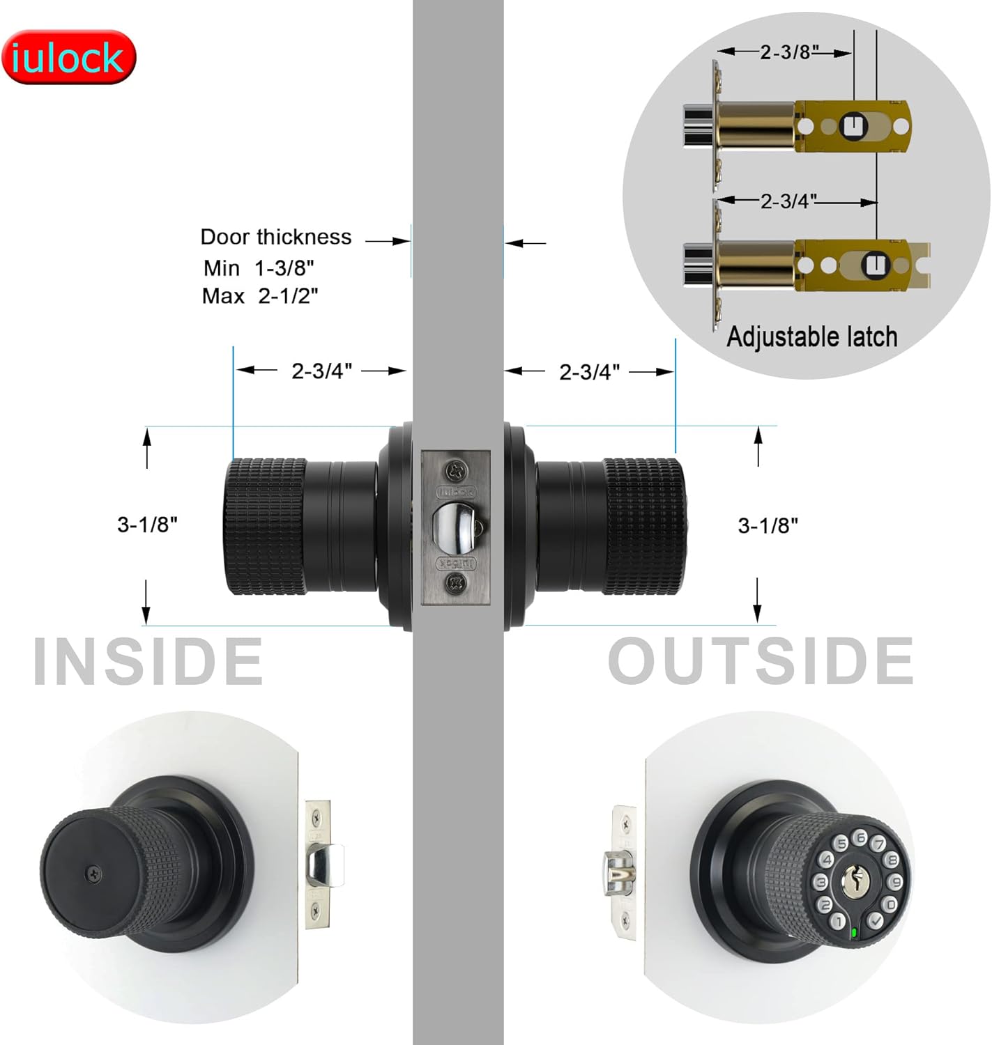 iulock Smart Door Knob with Keypad and Key,Keyless Entry Door Lock with Rubber Grip, Auto Lock,50 User Code,Waterproof, Easy to Install and Program for Bedroom(Matte Black Same Key 8 Pack)