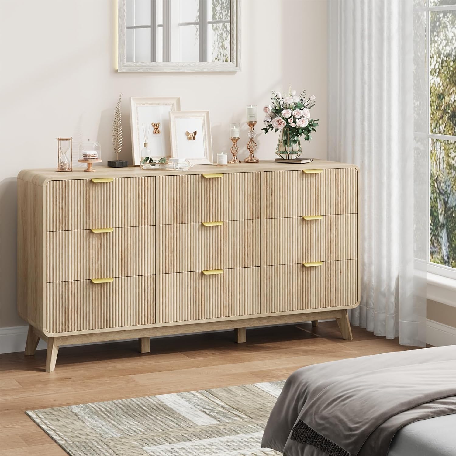 QUW Fluted 59.1' Wide Modern Dresser for Bedroom with 9 Drawers, Tall Chest of Drawers with Metal Handle, Wooden Dresser TV Stand, Hallway, Living Room, Natural Oak
