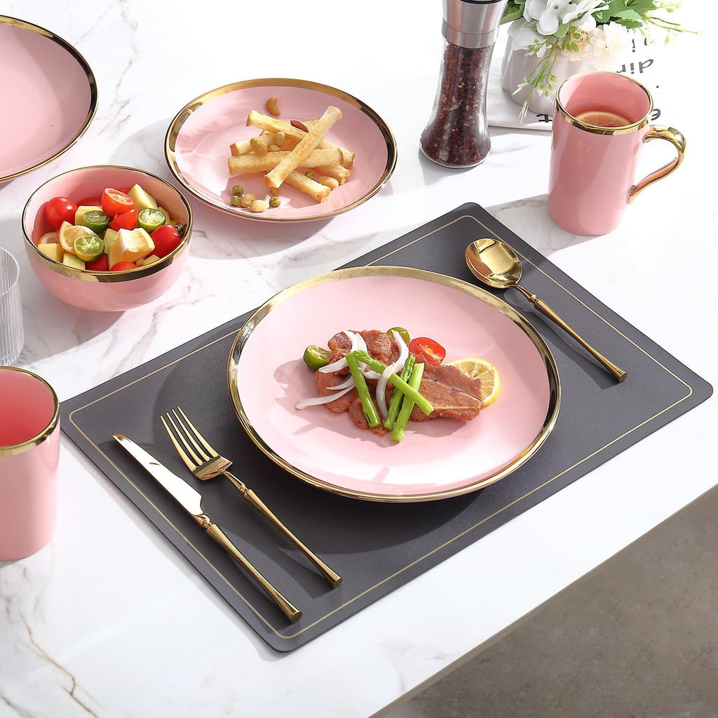 Modern Porcelain 16 Piece Pink Dinnerware Set, Stoneware Dinnerware Sets for 4,Plates and Bowls Sets, Dinnerware with Gold Trim, Gold Dish Set,Pink and Golden Rim.