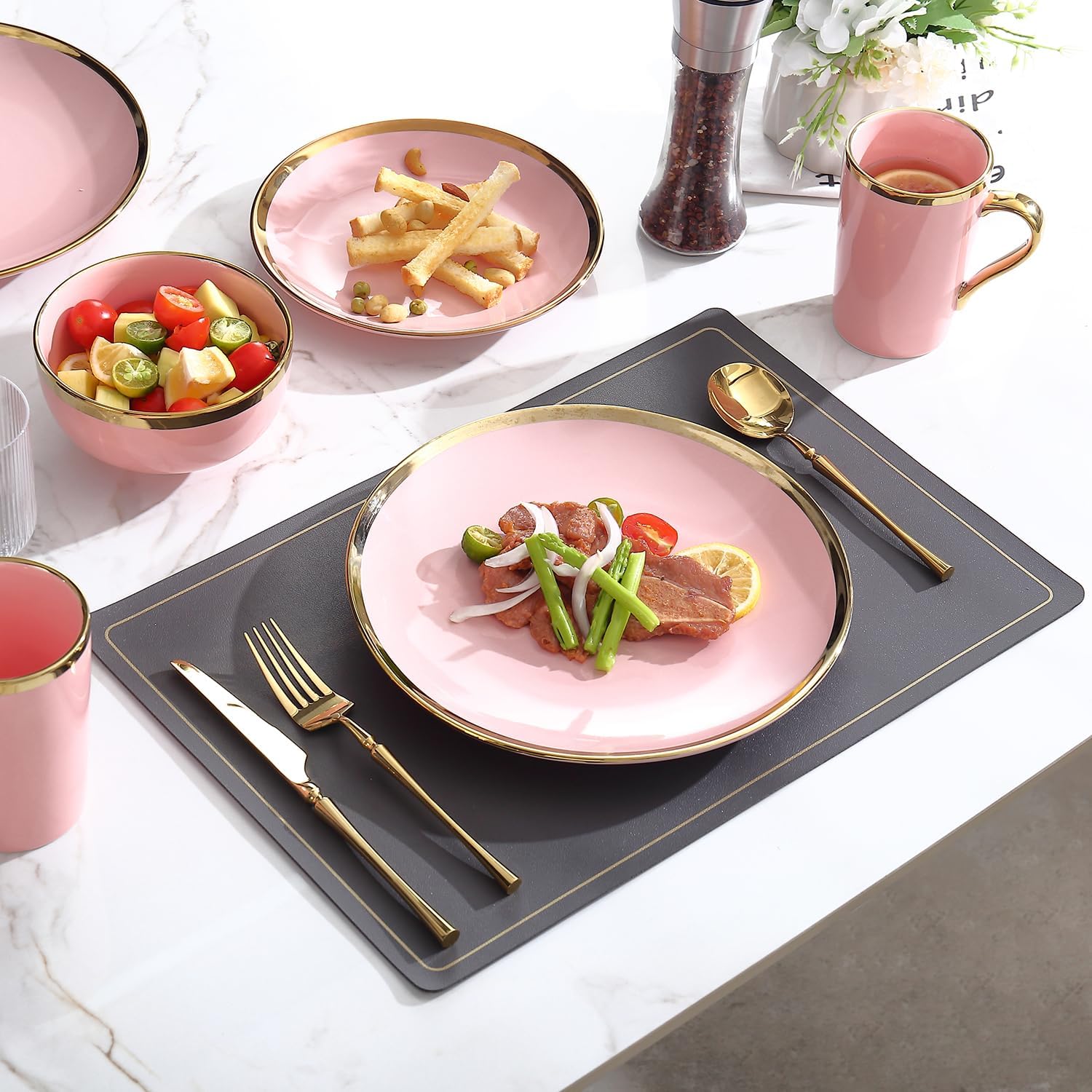 Modern Porcelain 16 Piece Pink Dinnerware Set, Stoneware Dinnerware Sets for 4,Plates and Bowls Sets, Dinnerware with Gold Trim, Gold Dish Set,Pink and Golden Rim.