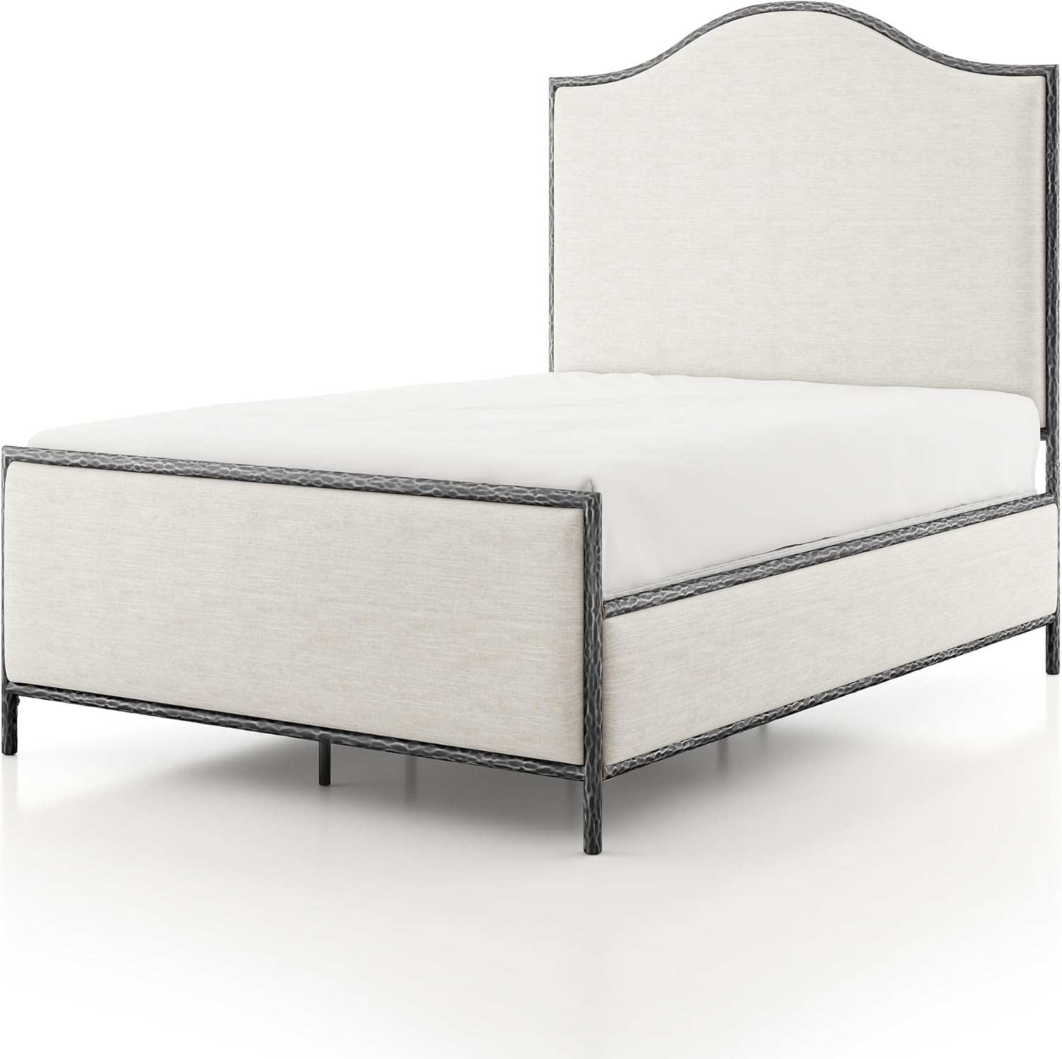 24/7 Shop at Home Lalia Hammered Metal 4-Piece Bedroom Collection, Upholstered Bed Frame with Camelback Headboard, Forged Steel, Bench and Curved Nightstands, Foundation Required, Full, Matte Grey