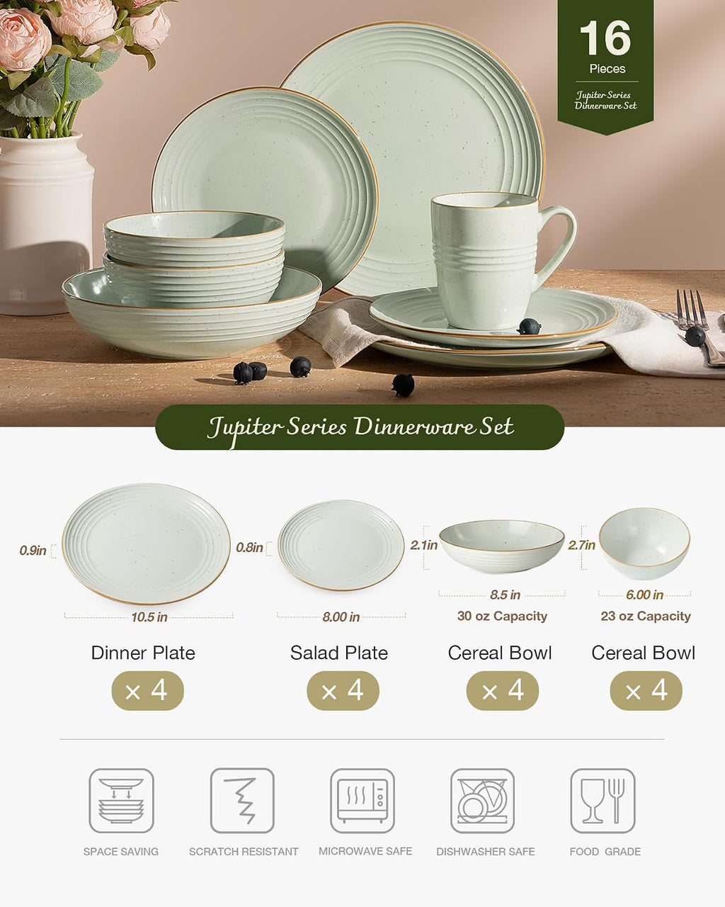 Famiware Jupiter 16-Piece Stoneware Dinnerware Set for 4 - Includes Pasta Bowl & Dinner Plate, Handcrafted Dishes with Speckles & Embossed Swirls, Chip & Scratch Resistant, Daily & Formal Use, Green