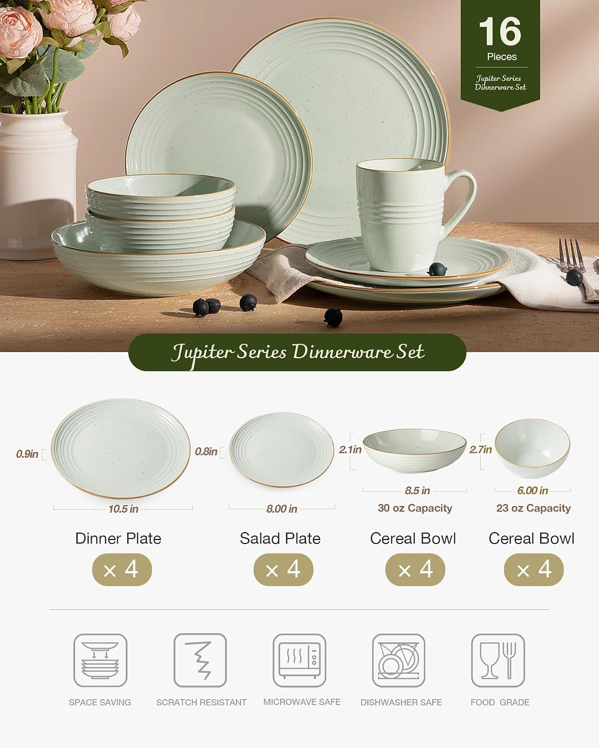 Famiware Jupiter 16-Piece Stoneware Dinnerware Set for 4 - Includes Pasta Bowl & Dinner Plate, Handcrafted Dishes with Speckles & Embossed Swirls, Chip & Scratch Resistant, Daily & Formal Use, Green