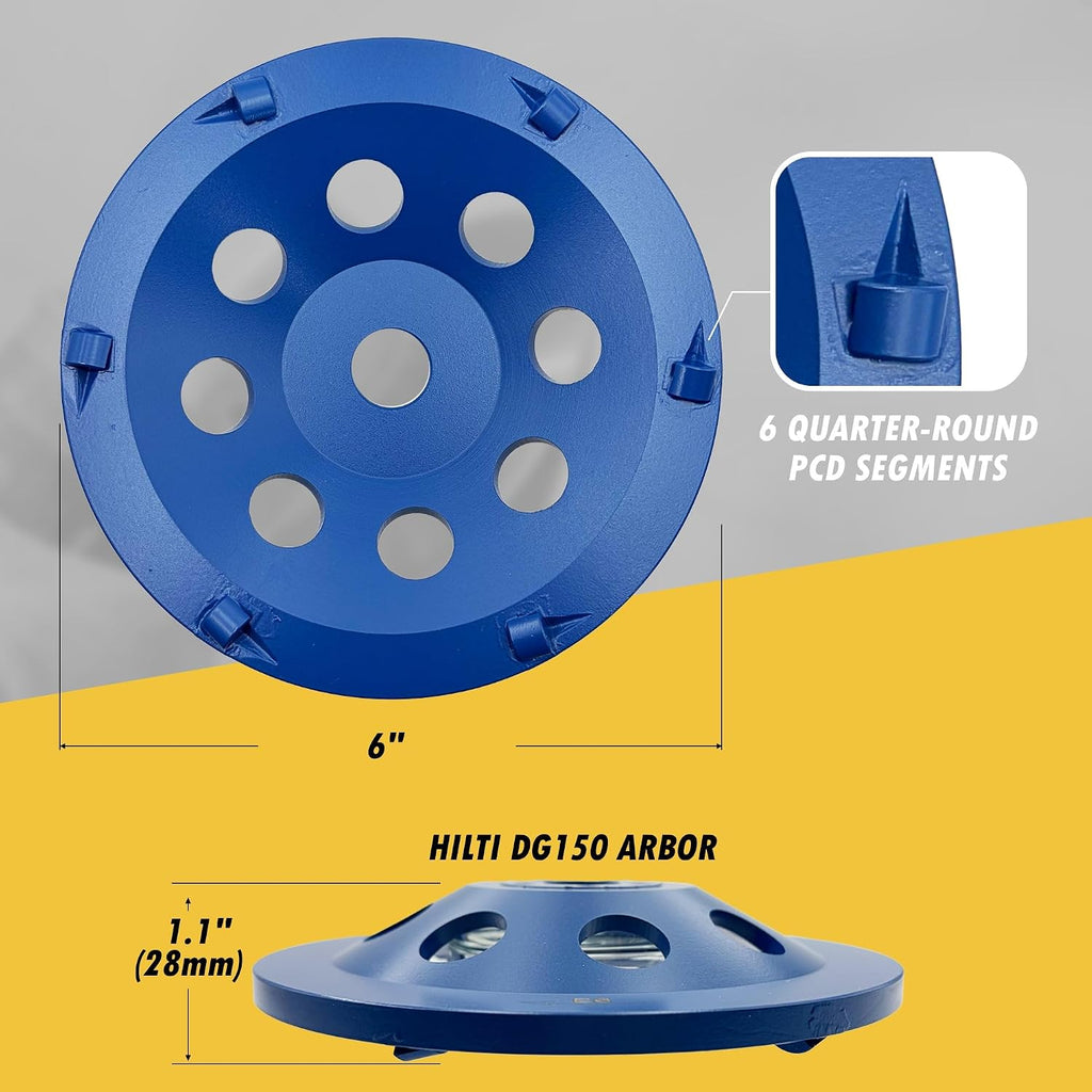 6' PCD Grinding Wheel for Epoxy, Glue and Paint, 6 PCD Segments, Compatible Arbor for Hilti DG 150