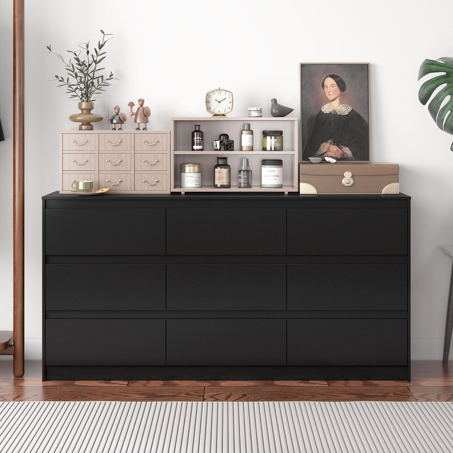 9 Drawer Dresser for Bedroom with Deep Drawers, Large Floor Wood Dressers & Chest of Drawers Handle Free, Modern Black Long Dressers for Closet Living Room, Euro Slide (63'W x 15.7'D x 31.5'H)