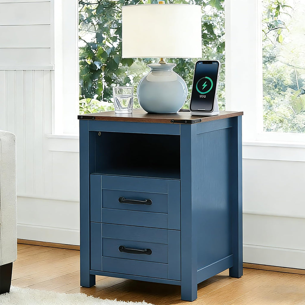 Farmhouse Night Stand Set of 2, Rustic Blue Nightstand for Bedroom, End Tables with Charging Station, Bedside Table with Drawers, Wood Bedside Cabinet Dresser