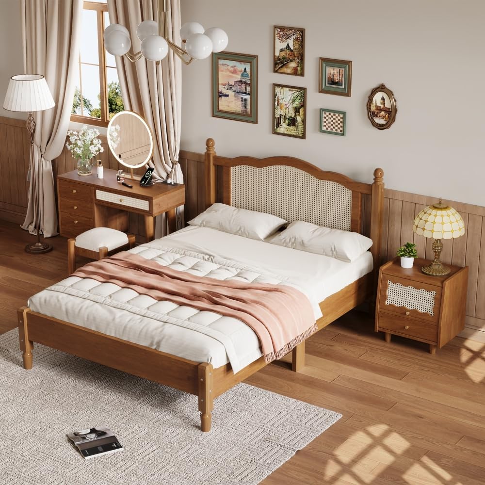 3 Pieces Bedroom Set with Full Size Wooden Bed Frame, 1 Vintage Nightstand and 1 Makeup Vanity Set with Stool,Black (Walnut + Wood + Full + 3 Piece Set)