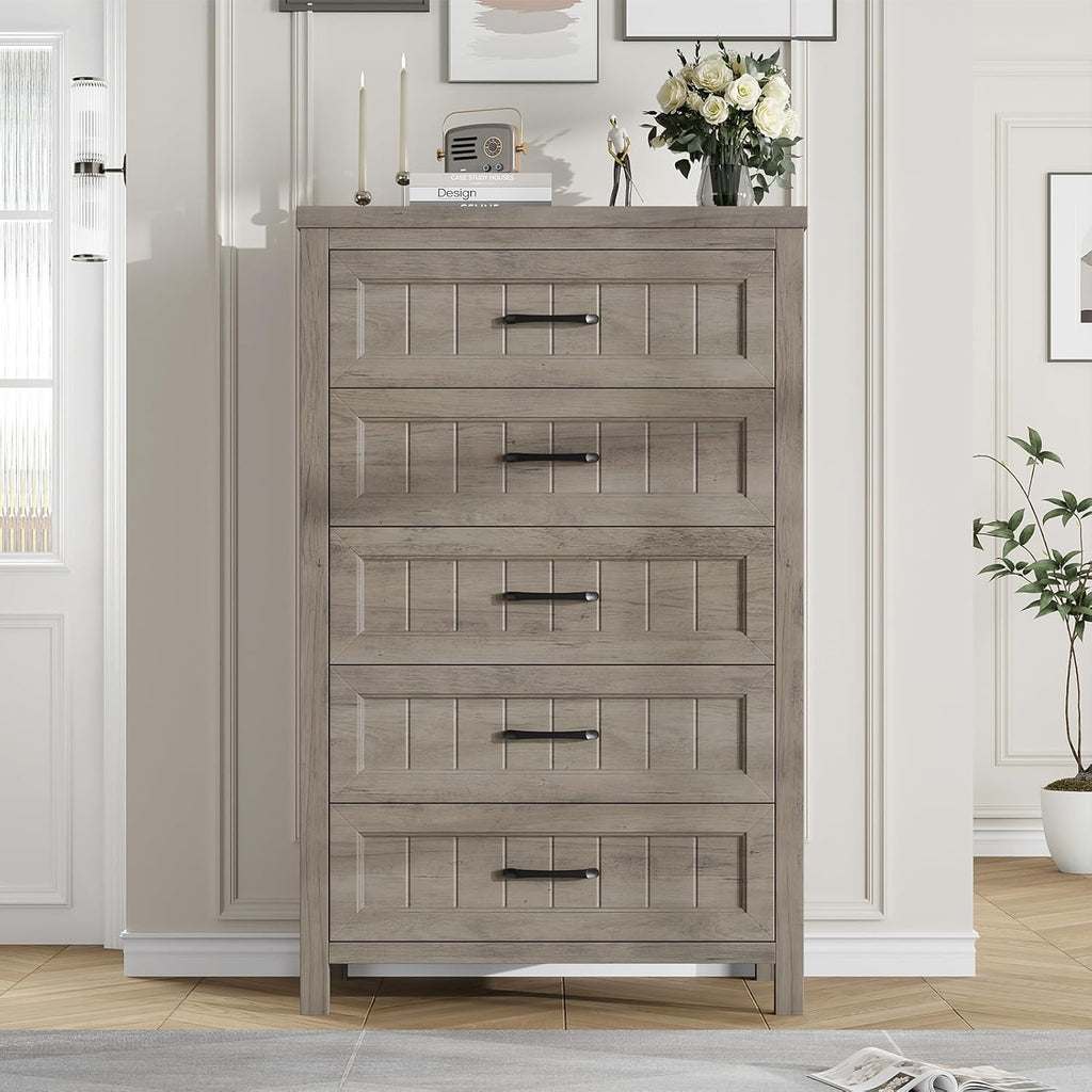 Jocoevol 5 Drawer Dresser for Bedroom - Farmhouse 44.9' Tall Chest of Dresser with Large Storage, Rubst Wood Construction for Living Room, Hallway & Entryway - Gray