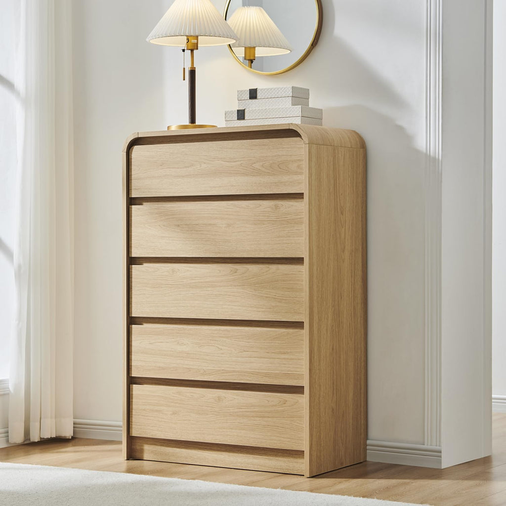 Aitjunz Modern 5 Drawers Dresser for Bedroom, 45' Tall Dressers & Chests of Drawers w/Curved Profile Design, Wood Mid Century Vertical Dresser w/Natural Texture for Bedroom, Living Room, Natural Oak