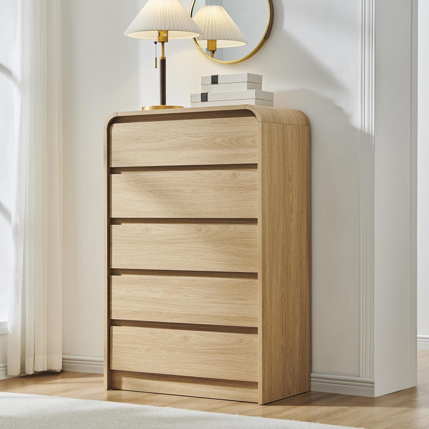 Aitjunz Modern 5 Drawers Dresser for Bedroom, 45' Tall Dressers & Chests of Drawers w/Curved Profile Design, Wood Mid Century Vertical Dresser w/Natural Texture for Bedroom, Living Room, Natural Oak