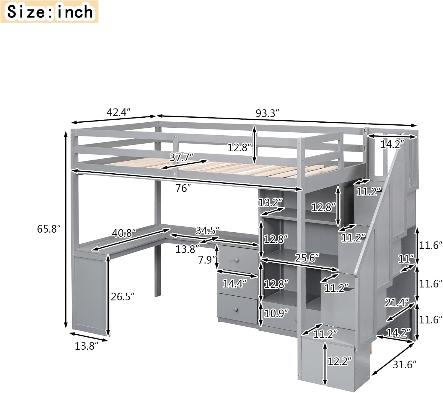 Twin Size Loft Bed with L-Shaped Desk and Drawers,Multifunctional Wooden Bed Frame,W/Cabinet and Storage Staircase, No Box Spring Requiredfor Kids Boys Girls Teens,Gray