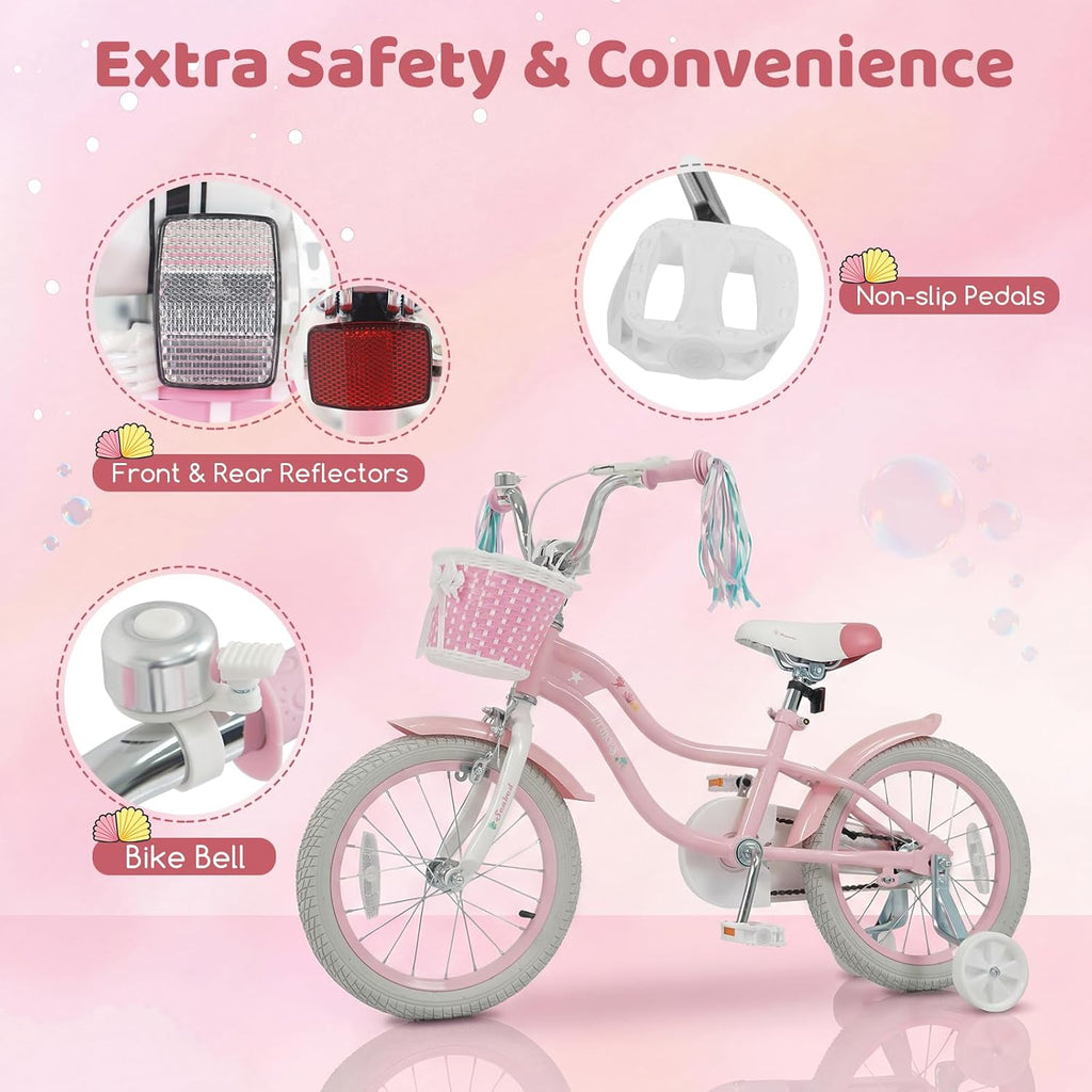 BABY JOY Kids Bike, 12' 14' 16' 18' Mermaid Girls Bike for 3-8 Years Old w/Basket, Training Wheels, Hand & Coaster Brakes, Adjustable Seat & Handlebar, 20' Children Bicycle with Kickstand for 8+