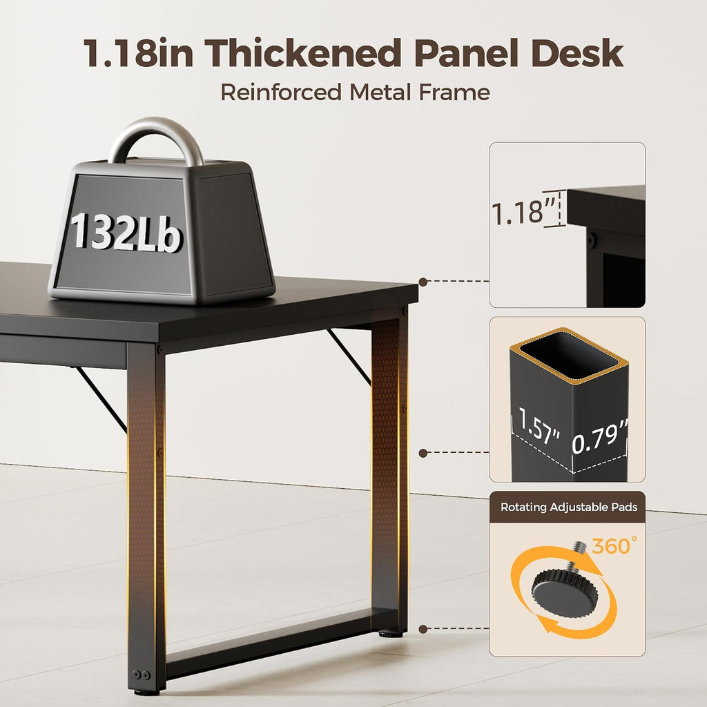Mericonia 54 Inch Computer Desk with Power Outlets, 1.2' Thick Heavy Duty Industrial Office Desk, Modern Simple Study Writing Table for Home Office Bedroom Workstation, Black