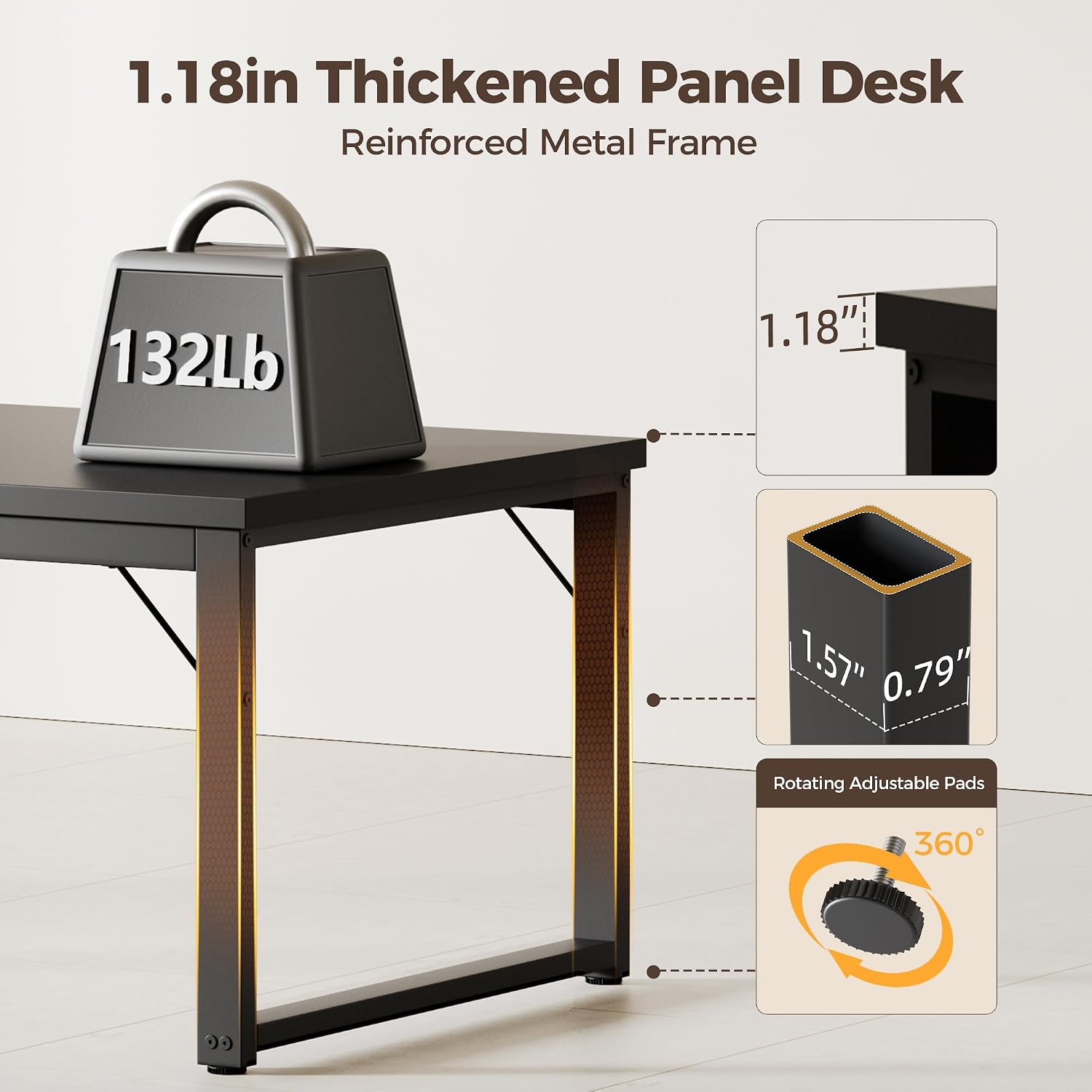 Mericonia 54 Inch Computer Desk with Power Outlets, 1.2' Thick Heavy Duty Industrial Office Desk, Modern Simple Study Writing Table for Home Office Bedroom Workstation, Black