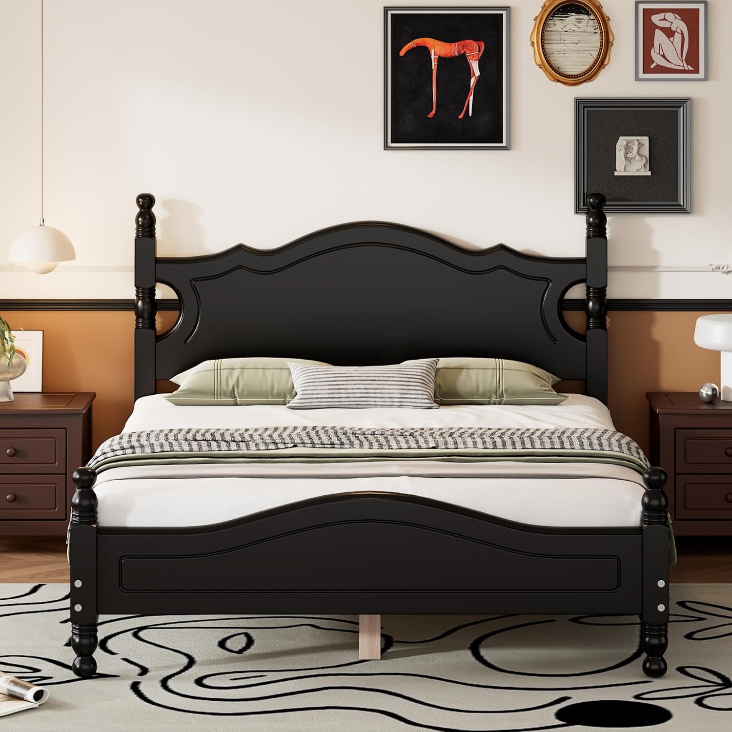 JIVOIT Retro Style Platform Bed with Headboard and Footboard, Full Size Wood Platform Bed Frame with Wooden Slat Support, Solid Wood Foundation, No Box Spring Required (Black,4,Full)