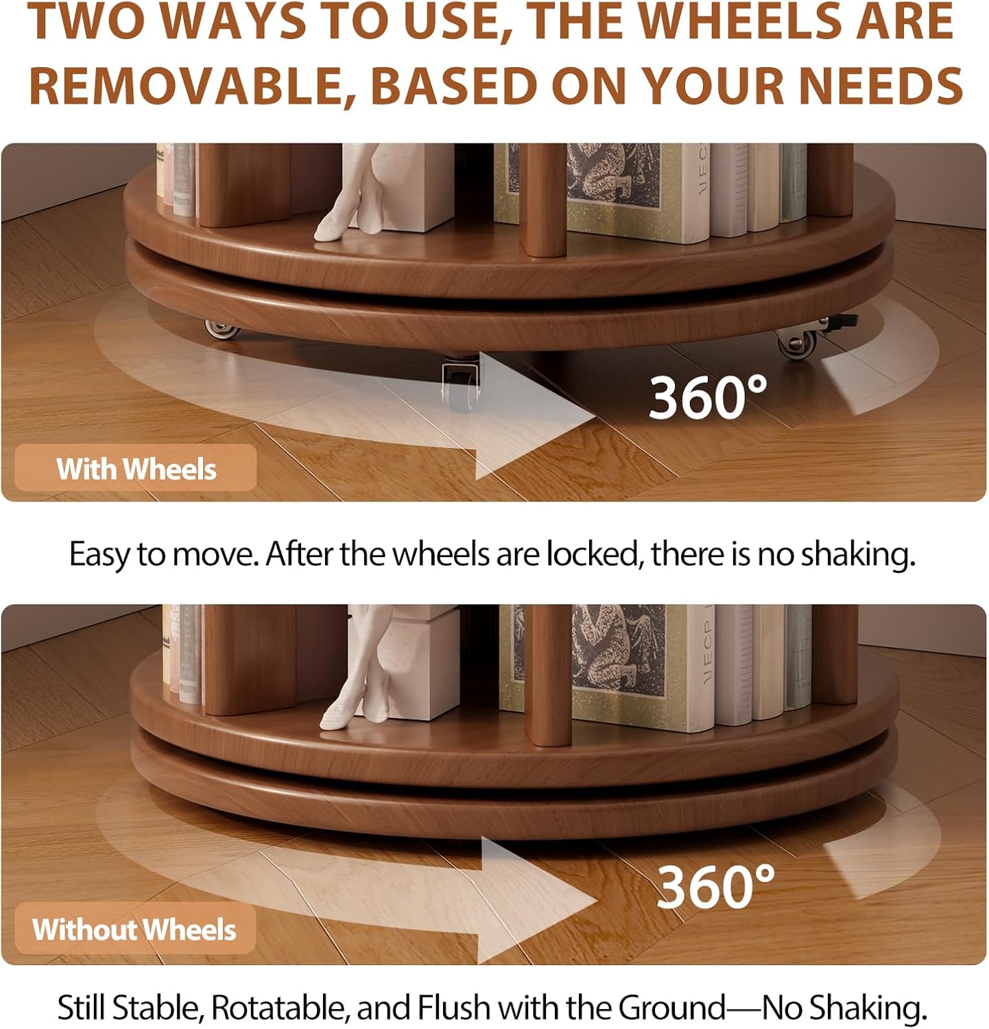 Muwuele Solid Wood Rotating Bookshelf on Wheels, 4 Tier, Round Revolving Bookcase, 360° Spinning Book Shelf Tower for Kids, Narrow Rolling Bookshelves for Small Space, Corner, Bedroom, Office, Walnut