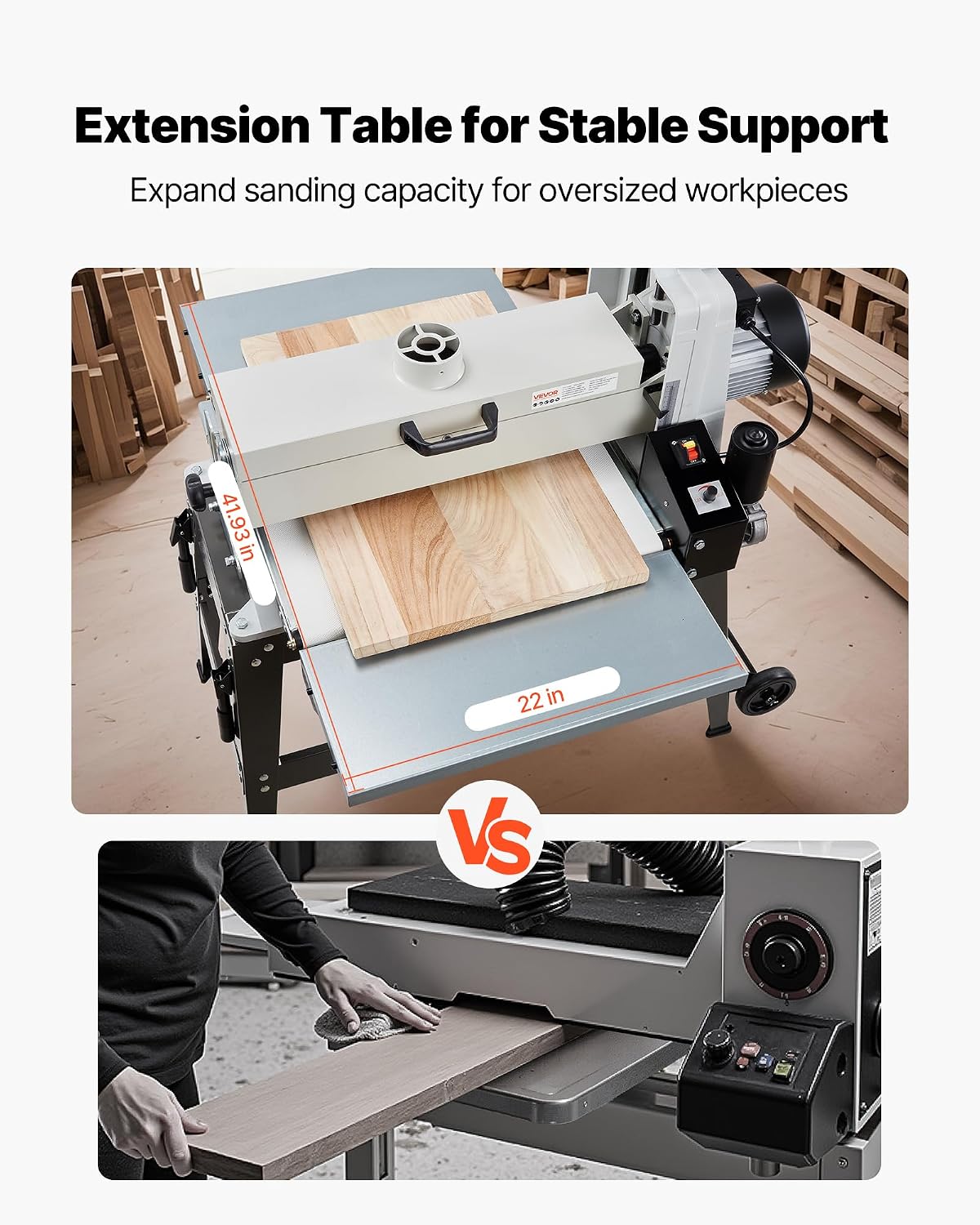 VEVOR 22' Drum Sander with Stand & Extension Tables, 1.75HP 1440RPM Dual Motor Drum Sander for Woodworking - Variable Speed Conveyor Belt, 4' Dust Collection Port for Cabinet & Furniture Finishing
