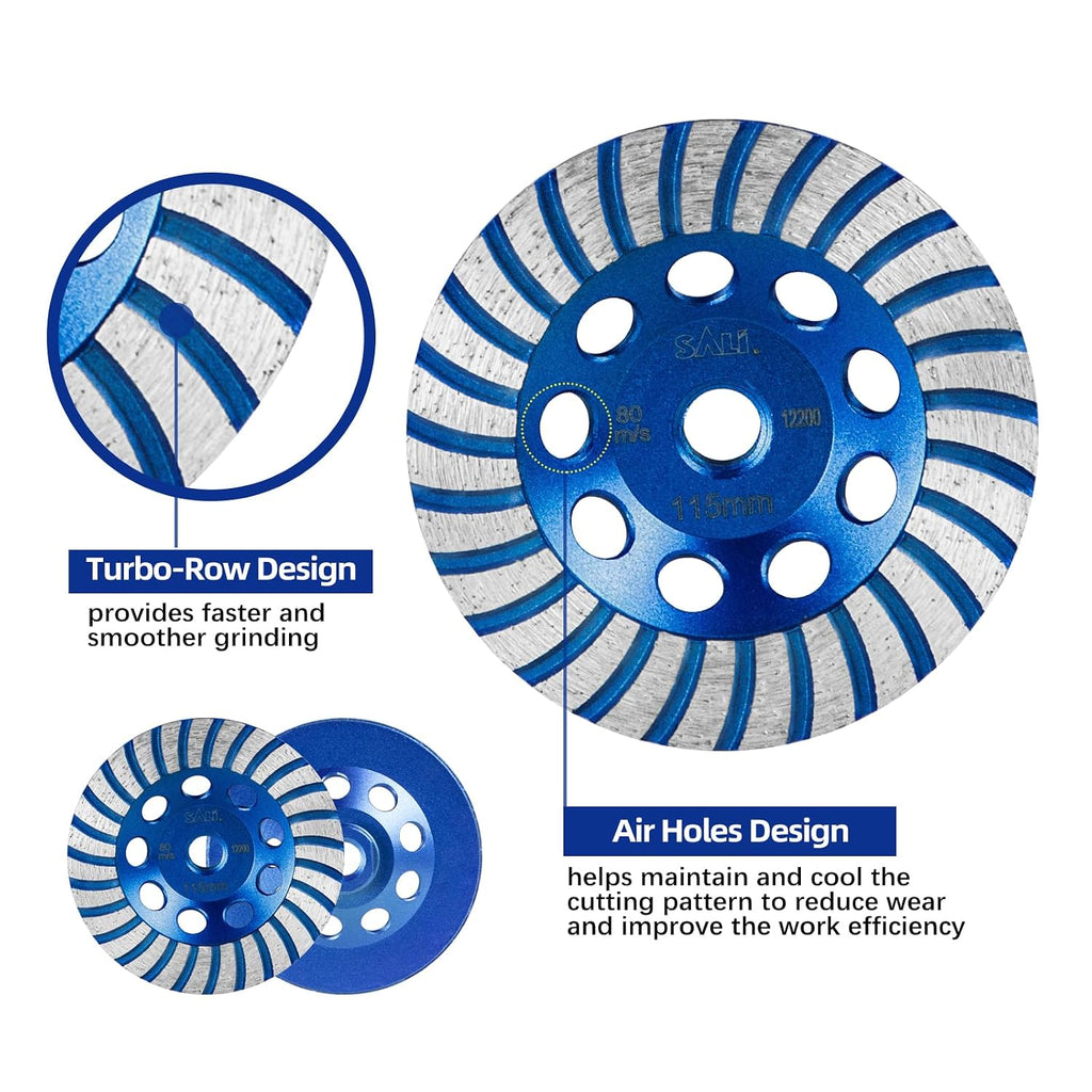 SALI 5PCS 7 Inch Concrete Grinding Wheels 43 Turbo Diamond Segments 5/8-11 Arbor Diamond Grinding Wheel Fit for Paint, Epoxy, Mastic, Coating Removal